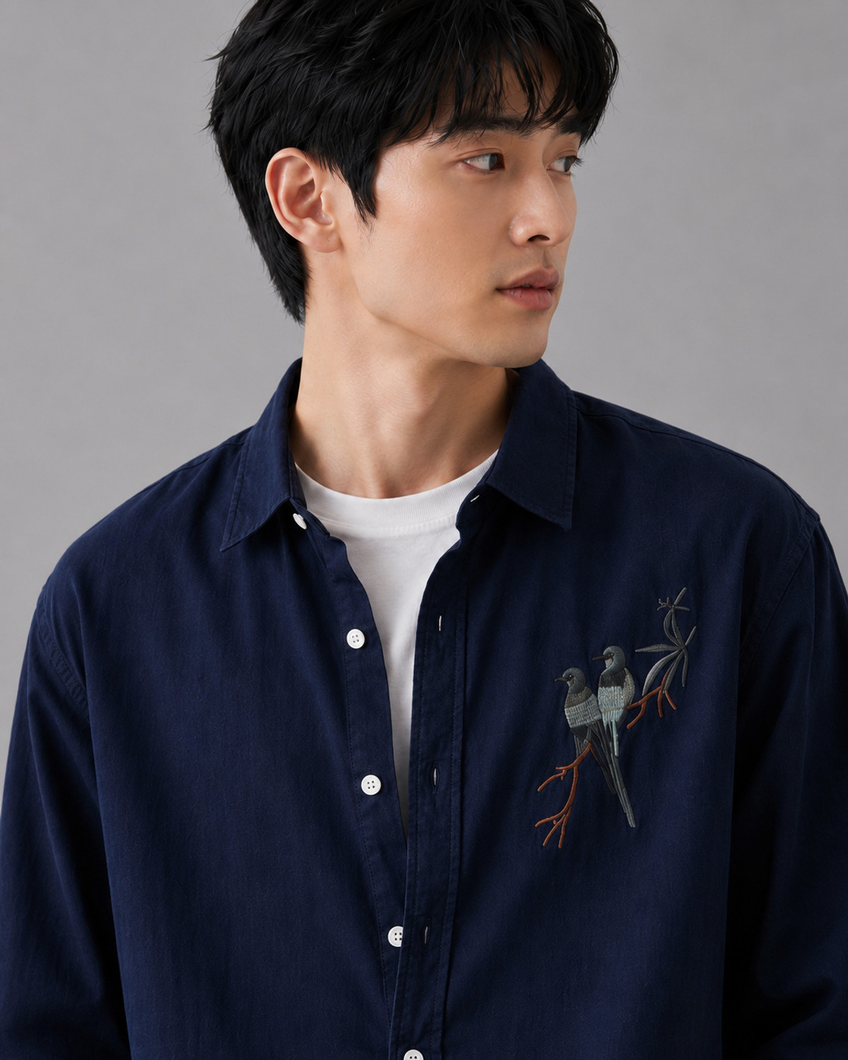 Image of Ample Grace Men Embroidered Casual Dark Blue Shirt