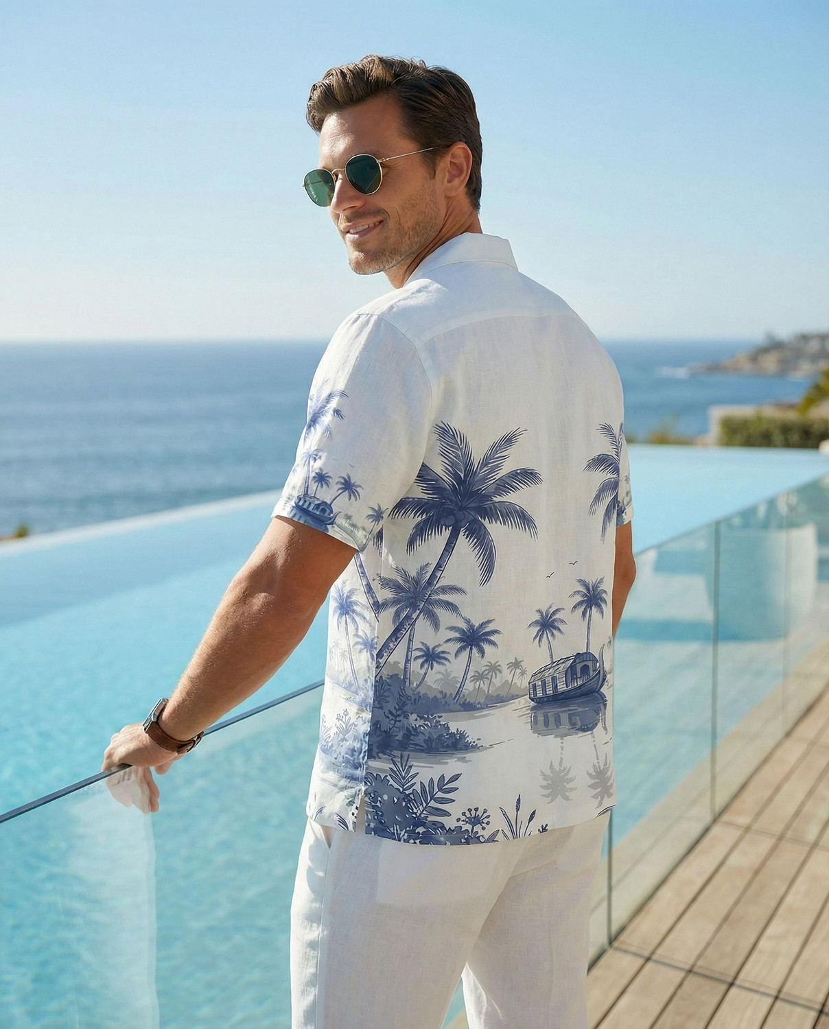 Image of STENFIA Men Printed Beach Wear White, Blue Shirt