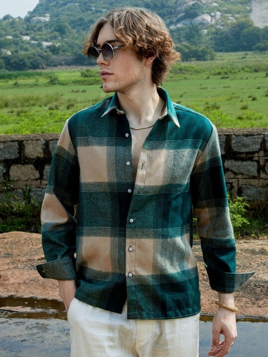 Image of BLEZZA Men Checkered Casual Dark Green, Beige Shirt