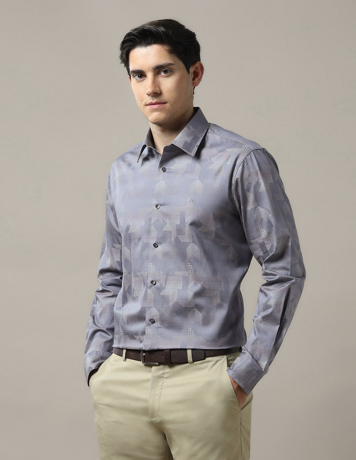 Image of ARROW Men Geometric Print Casual Grey Shirt