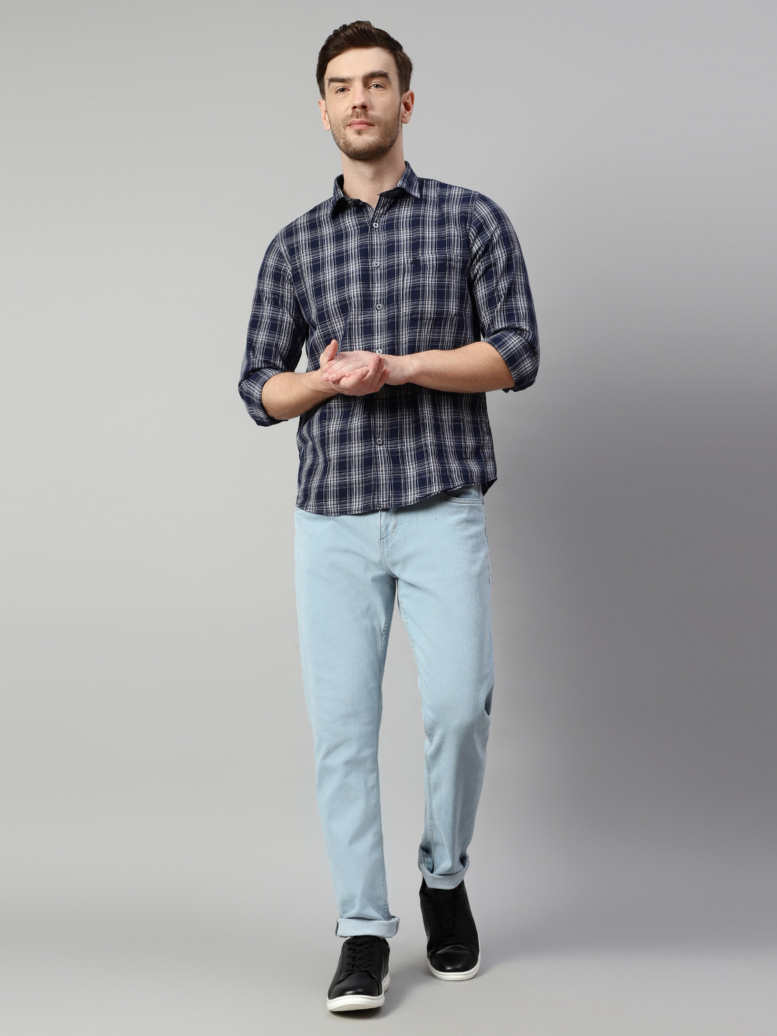 Image of CANTABIL Men Checkered Casual Blue Shirt