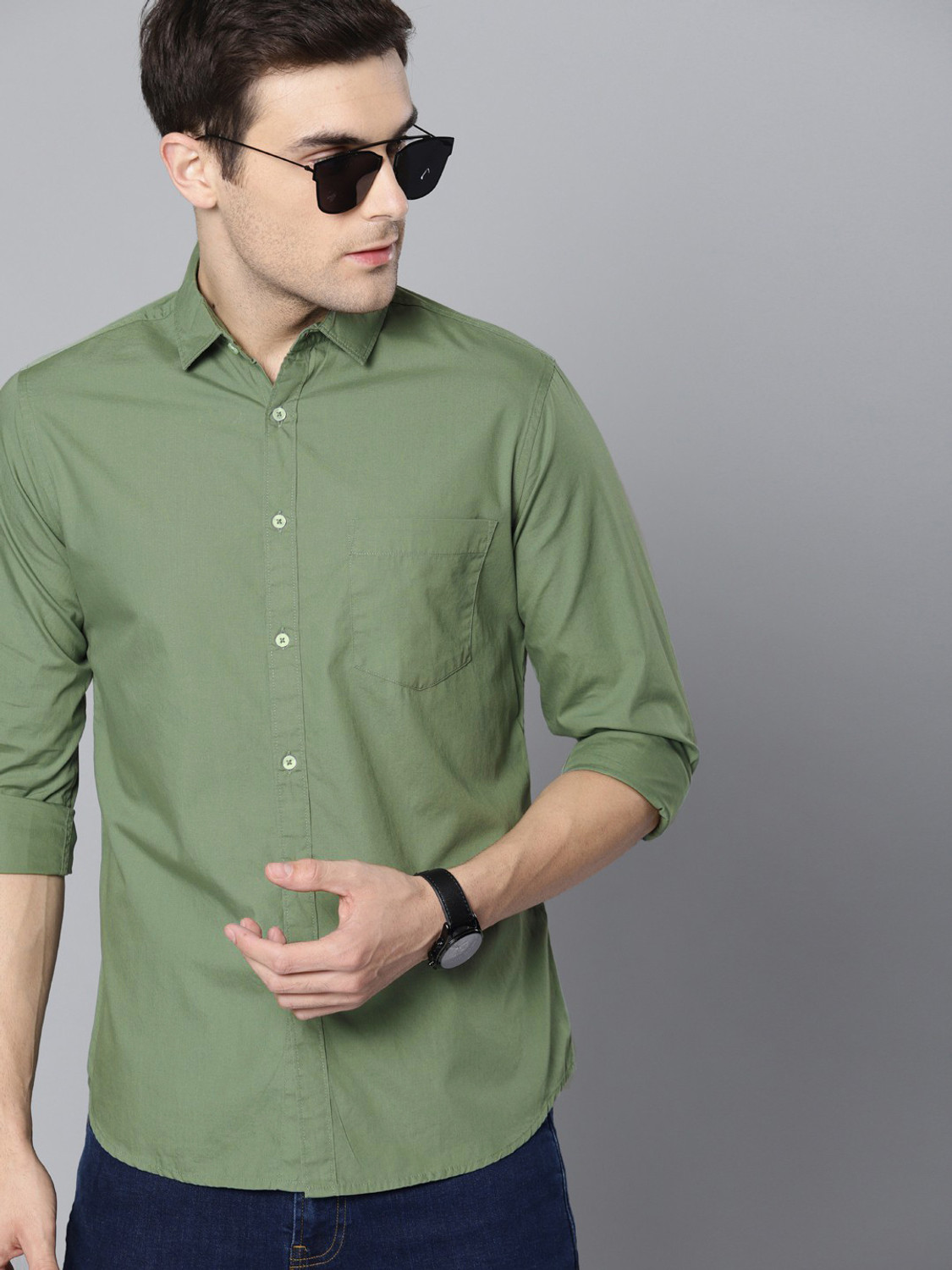 Image of PROVOGUE Men Solid Casual Green Shirt
