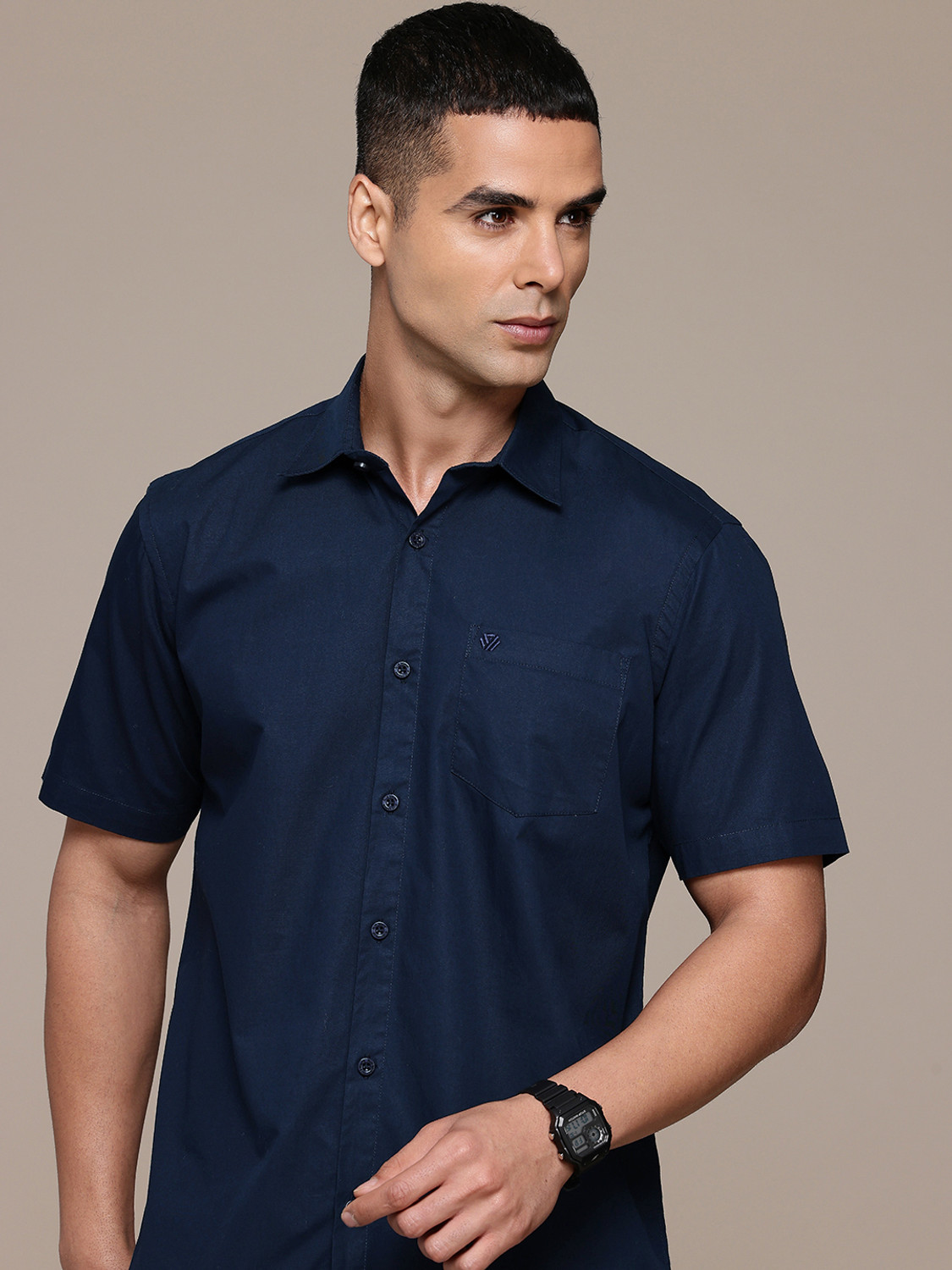 Image of BLUE SQUAD Men Solid Casual Dark Blue Shirt