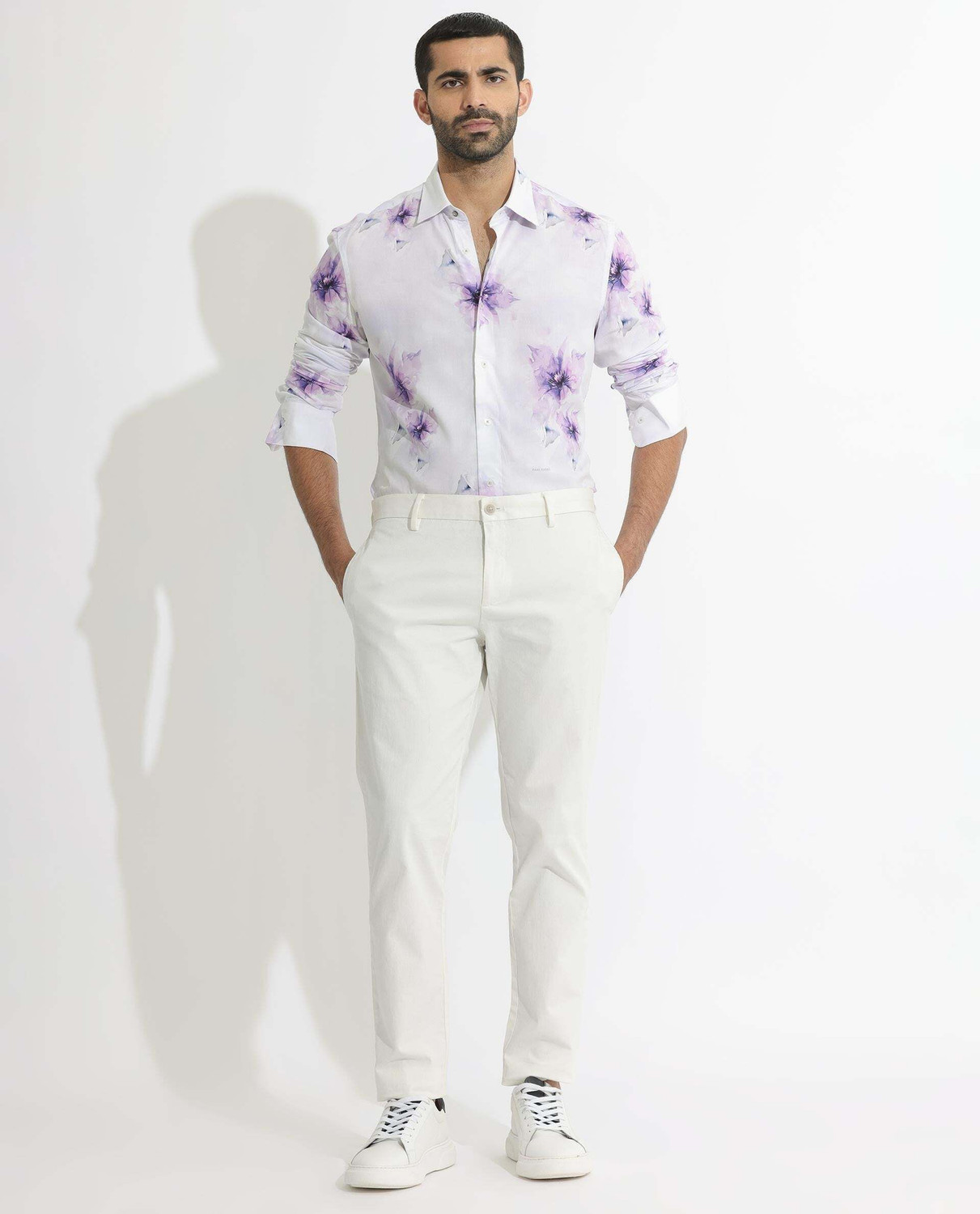 Image of RARE RABBIT Men Printed Casual White Shirt