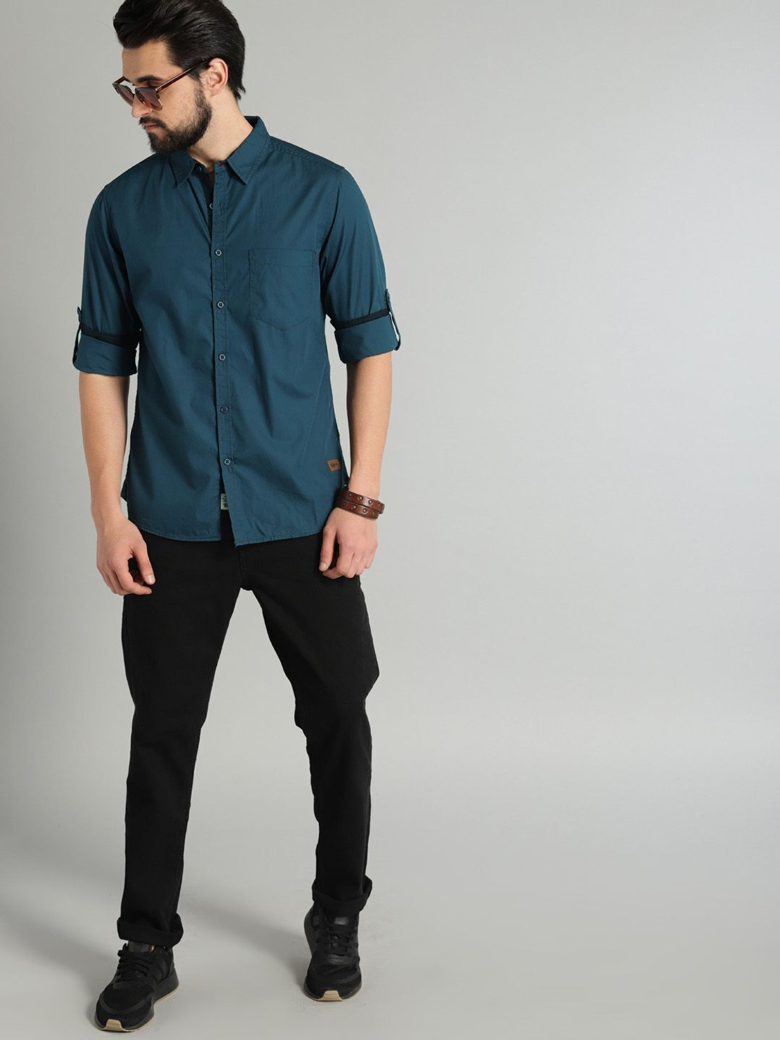 Image of Roadster Men Solid Casual Dark Blue Shirt