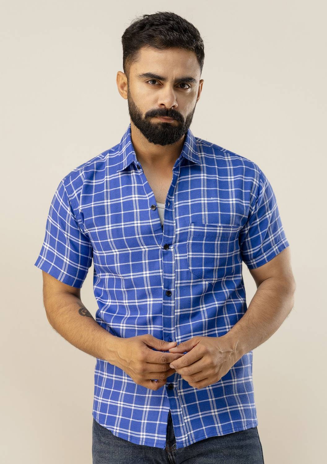 AuzaSho Collection Men Checkered Casual Dark Blue Shirt