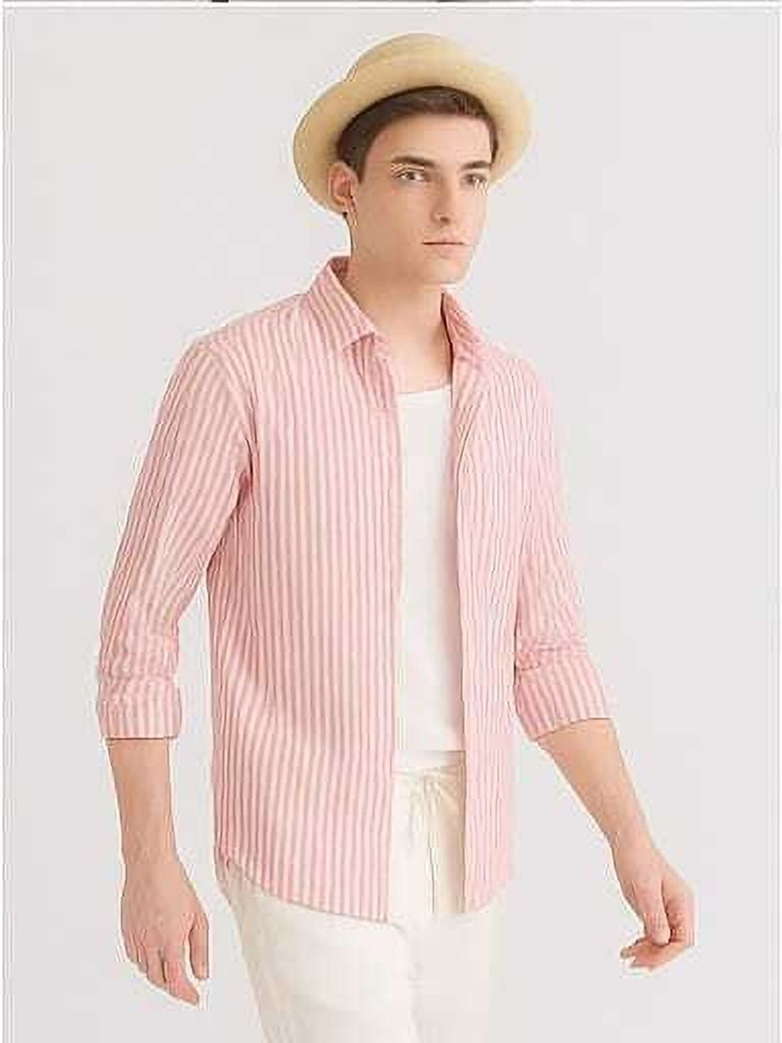 Image of Mihit Lifestyle Men Striped Casual Pink Shirt