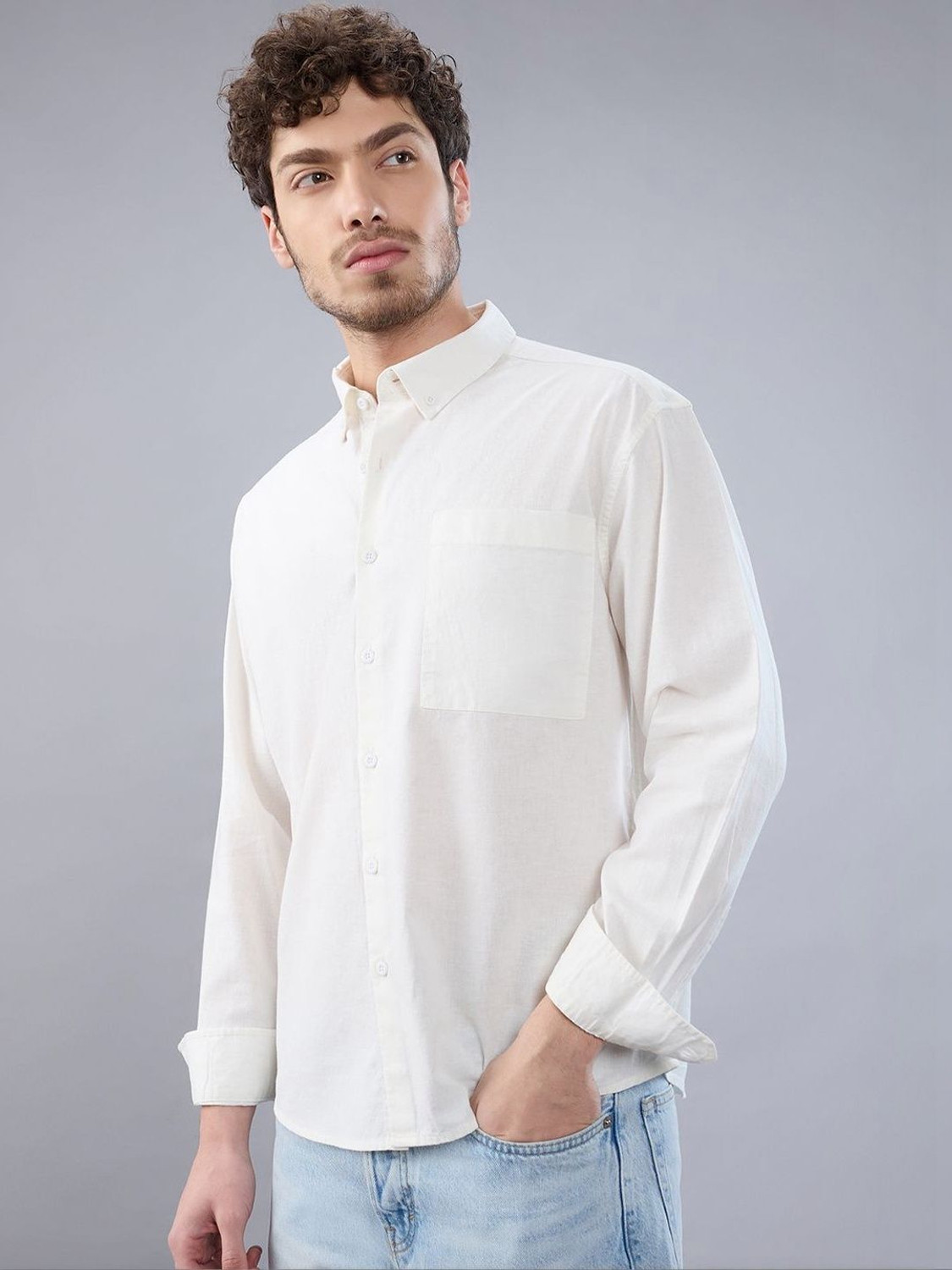 Image of HERE&NOW Men Solid Casual White Shirt
