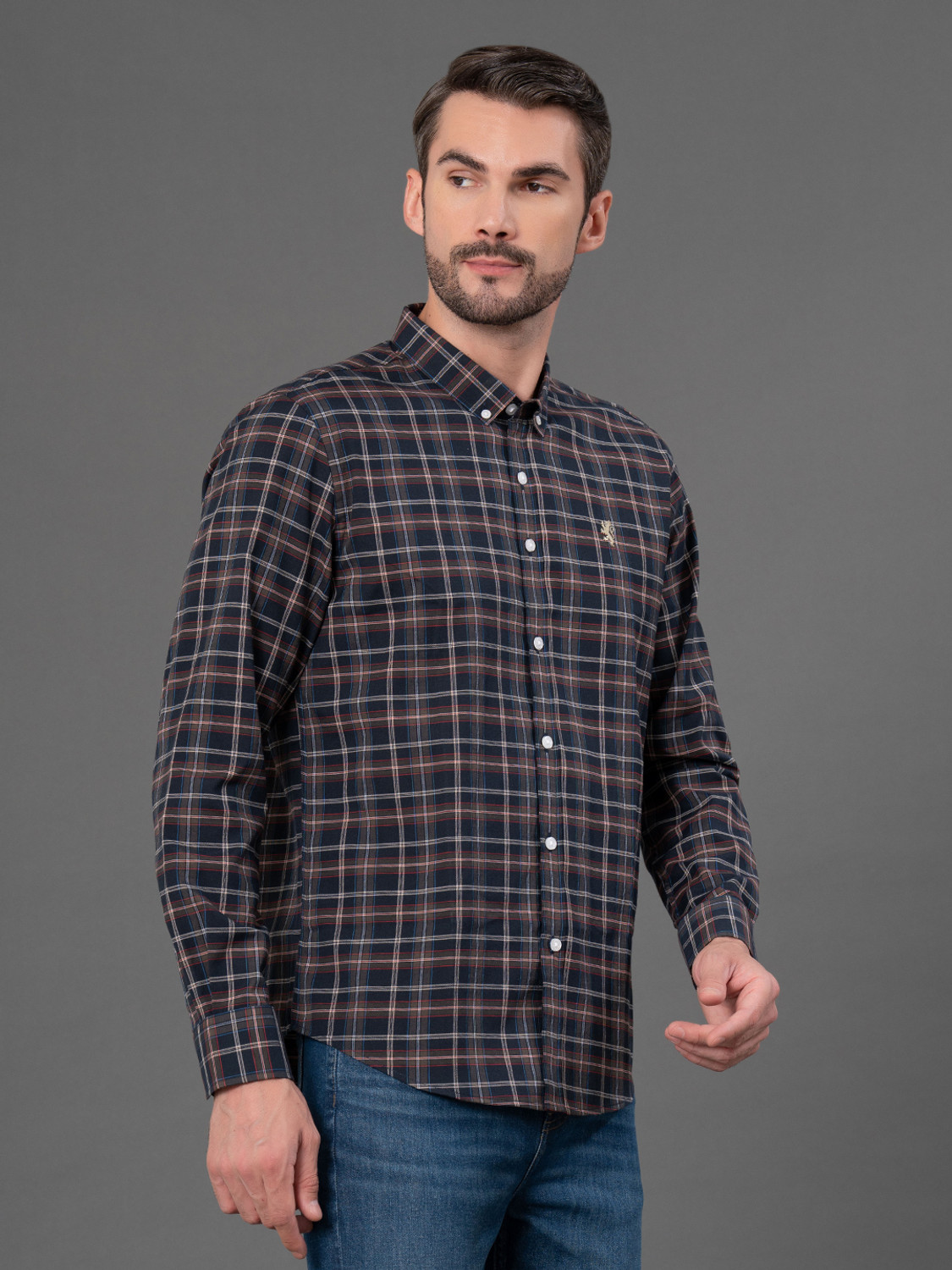 Image of RED TAPE Men Checkered Casual Dark Blue Shirt