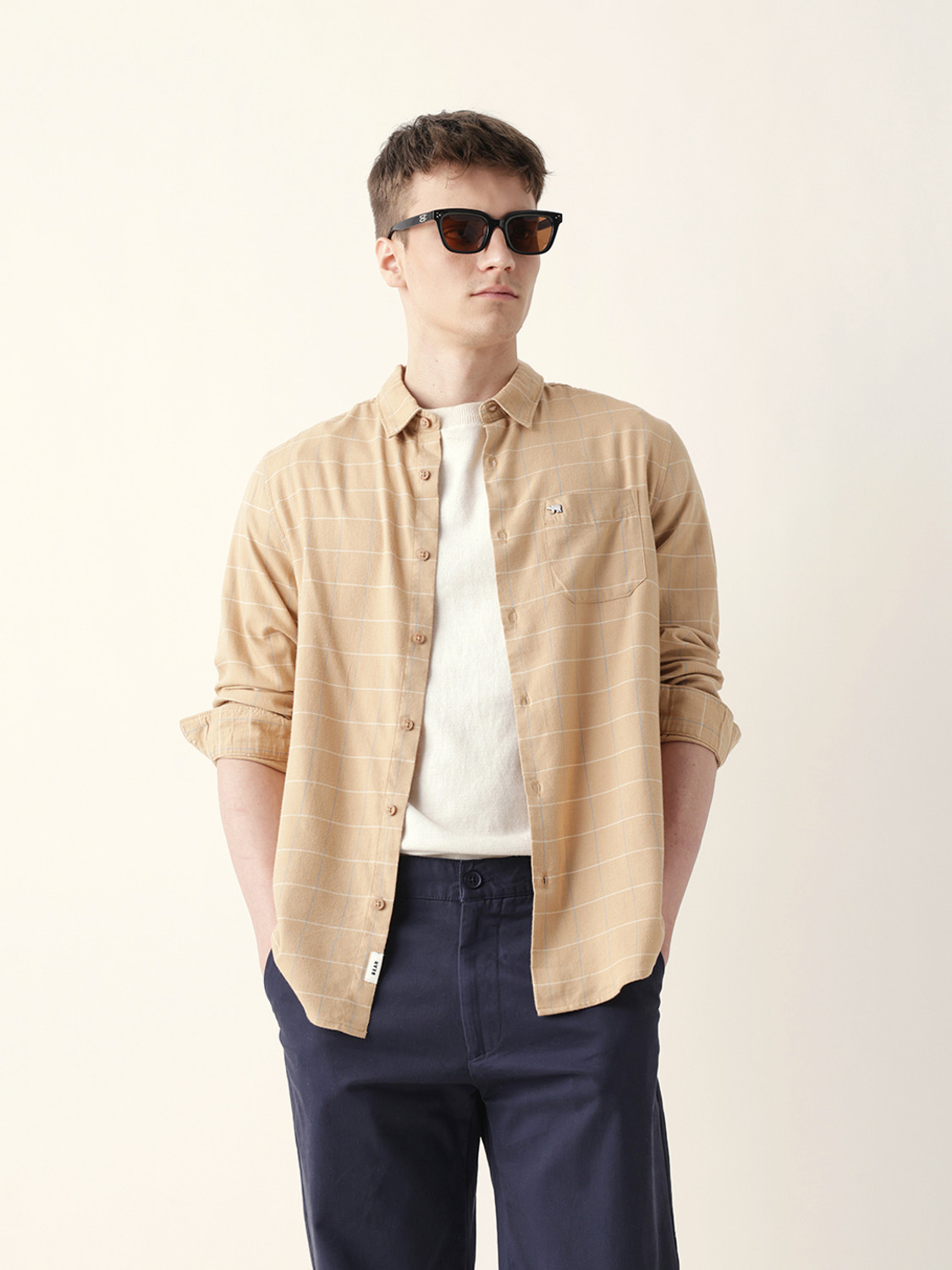 Image of THE BEAR HOUSE Men Checkered Casual Beige Shirt