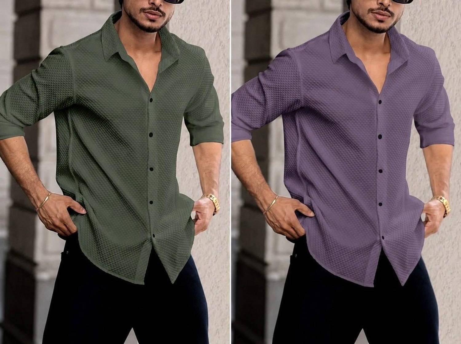JACKBELLA Men Self Design Casual Purple Green Shirt