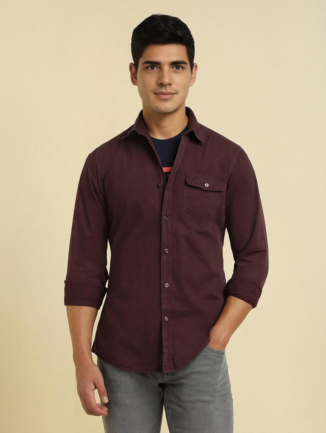 Image of Allen Solly Men Solid Casual Maroon Shirt