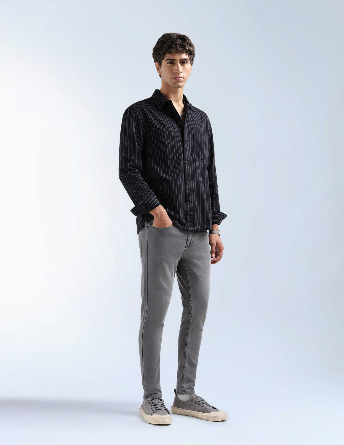 Image of FLYING MACHINE Men Striped Casual Black Shirt