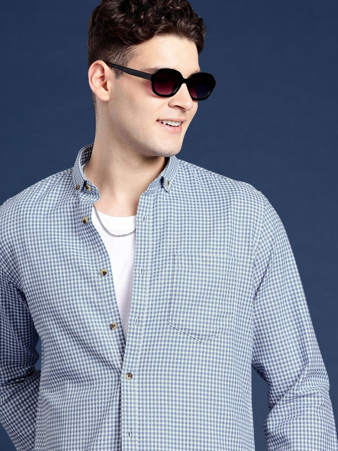 Image of Mast & Harbour Men Checkered Casual Blue Shirt