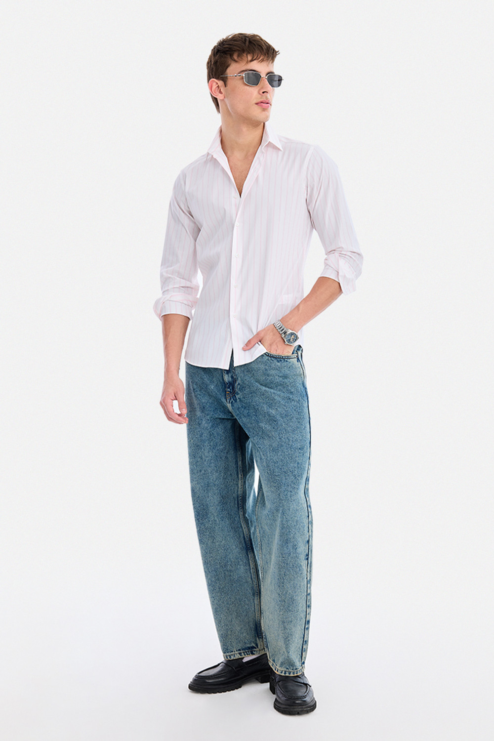 Image of Snitch Men Striped Casual White Shirt