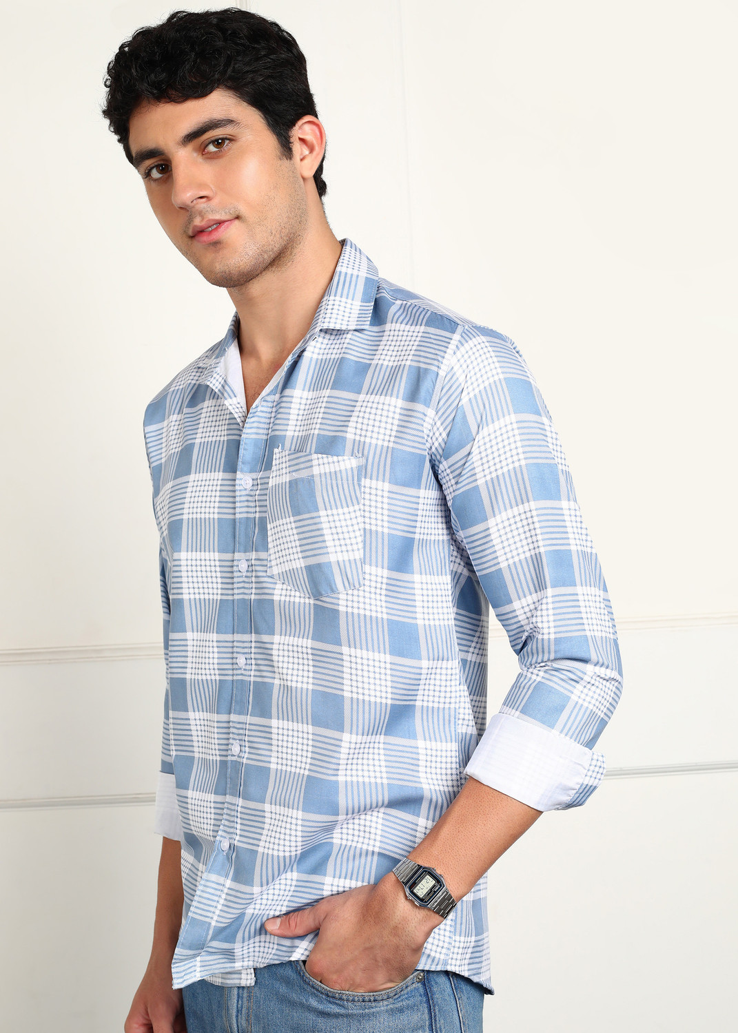 Image of PURE MAN Men Checkered Casual Blue Shirt