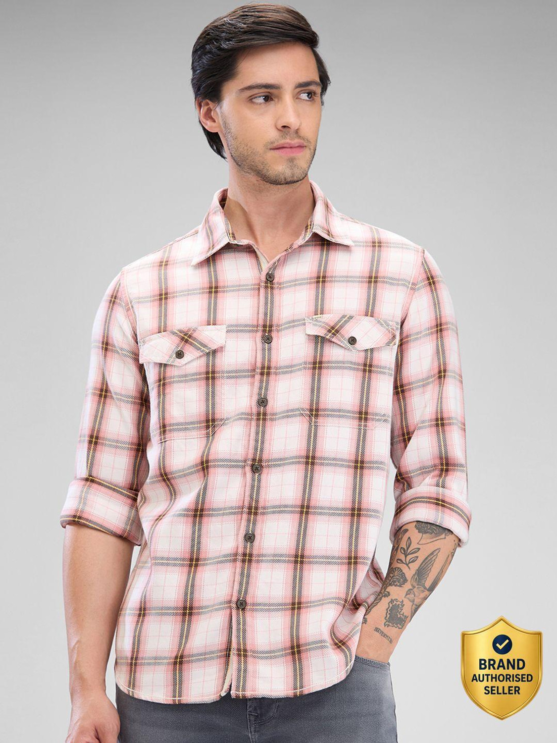 Image of Spykar Men Checkered Casual Pink Shirt