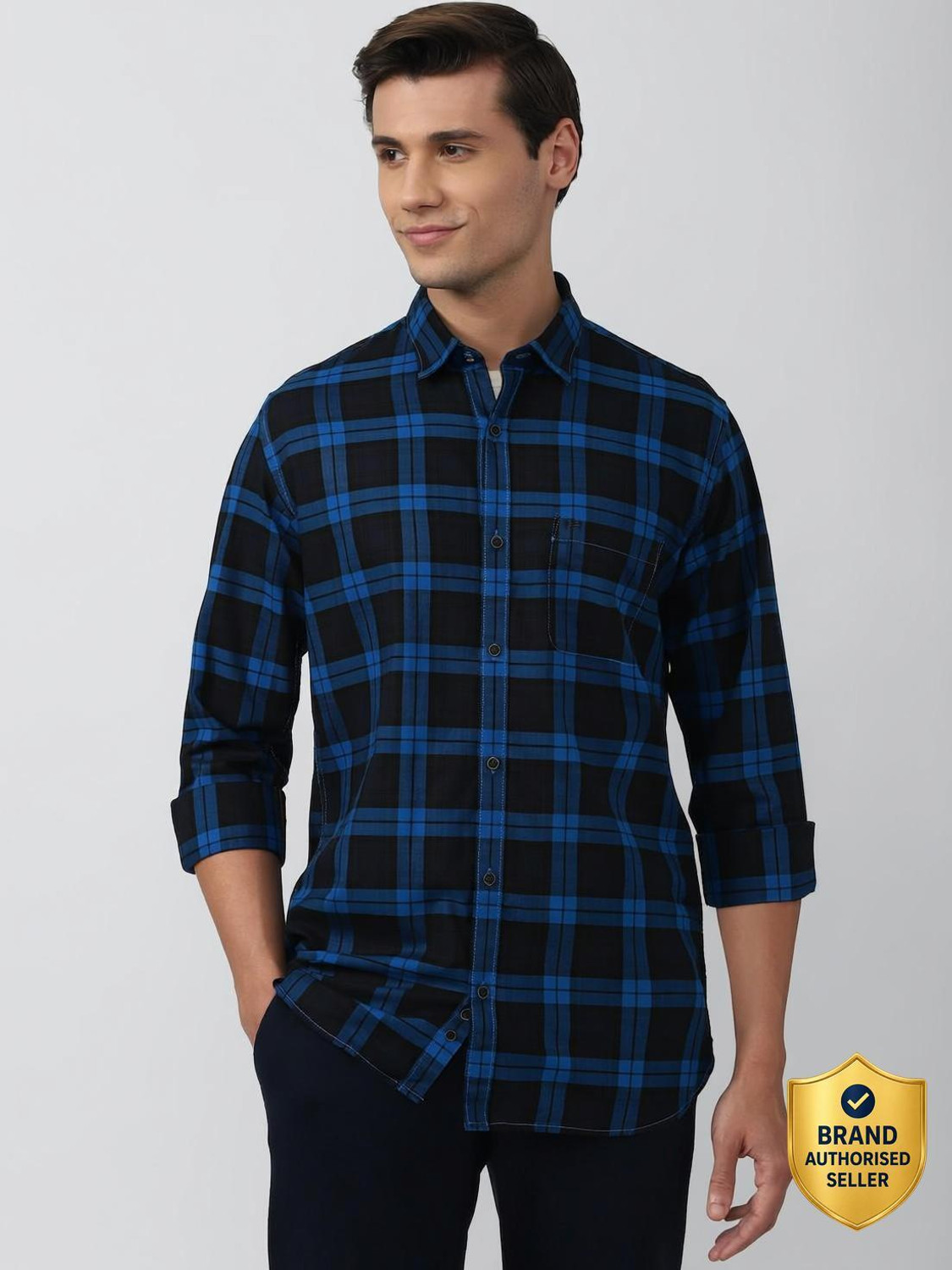 Image of PETER ENGLAND Men Checkered Casual Blue, Black Shirt