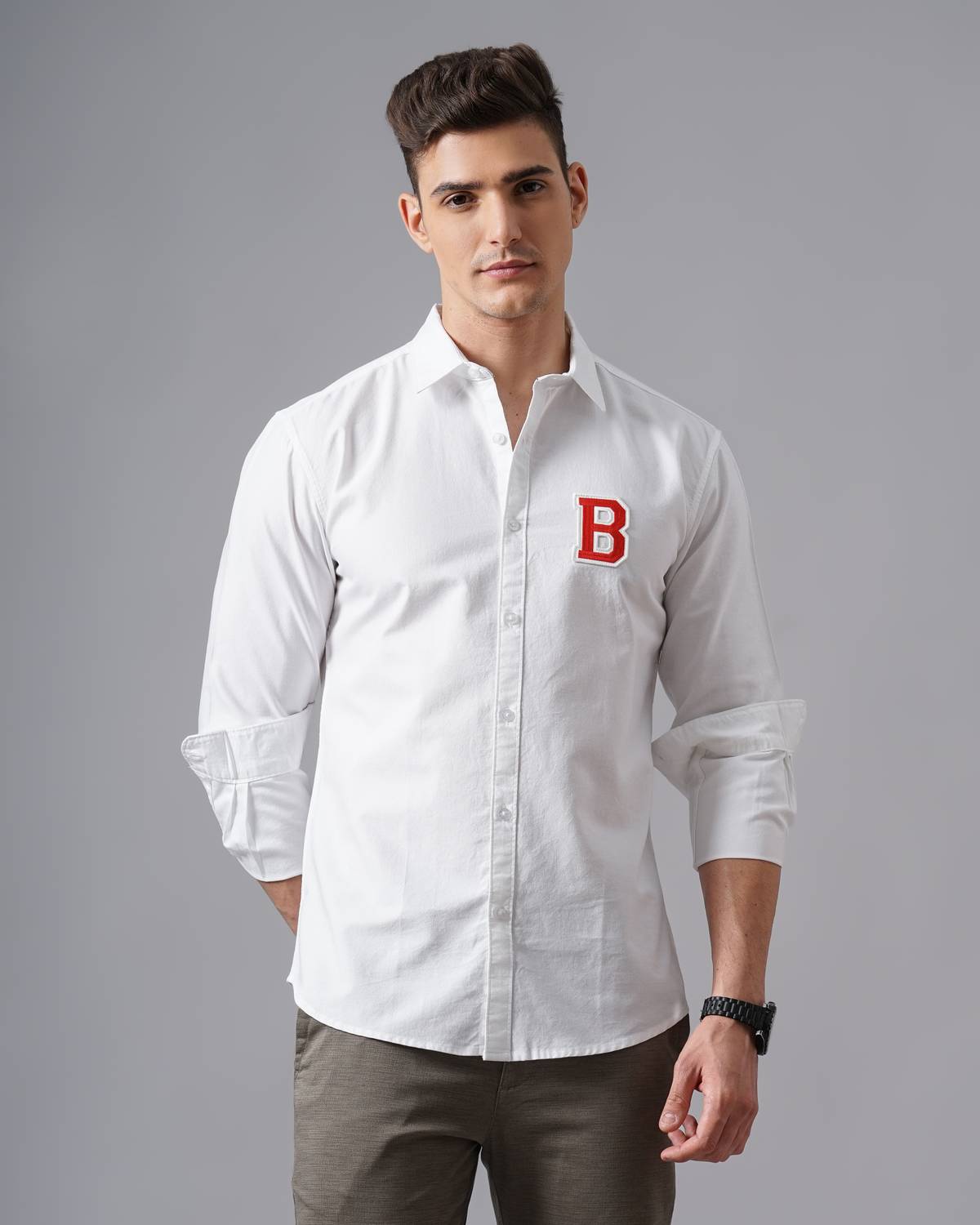 British Club Men Solid Casual White Shirt