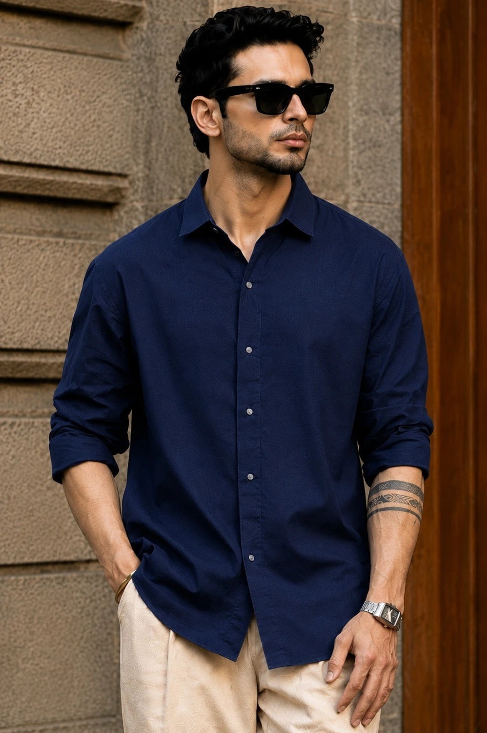 Image of METRONAUT Men Solid Casual Blue Shirt