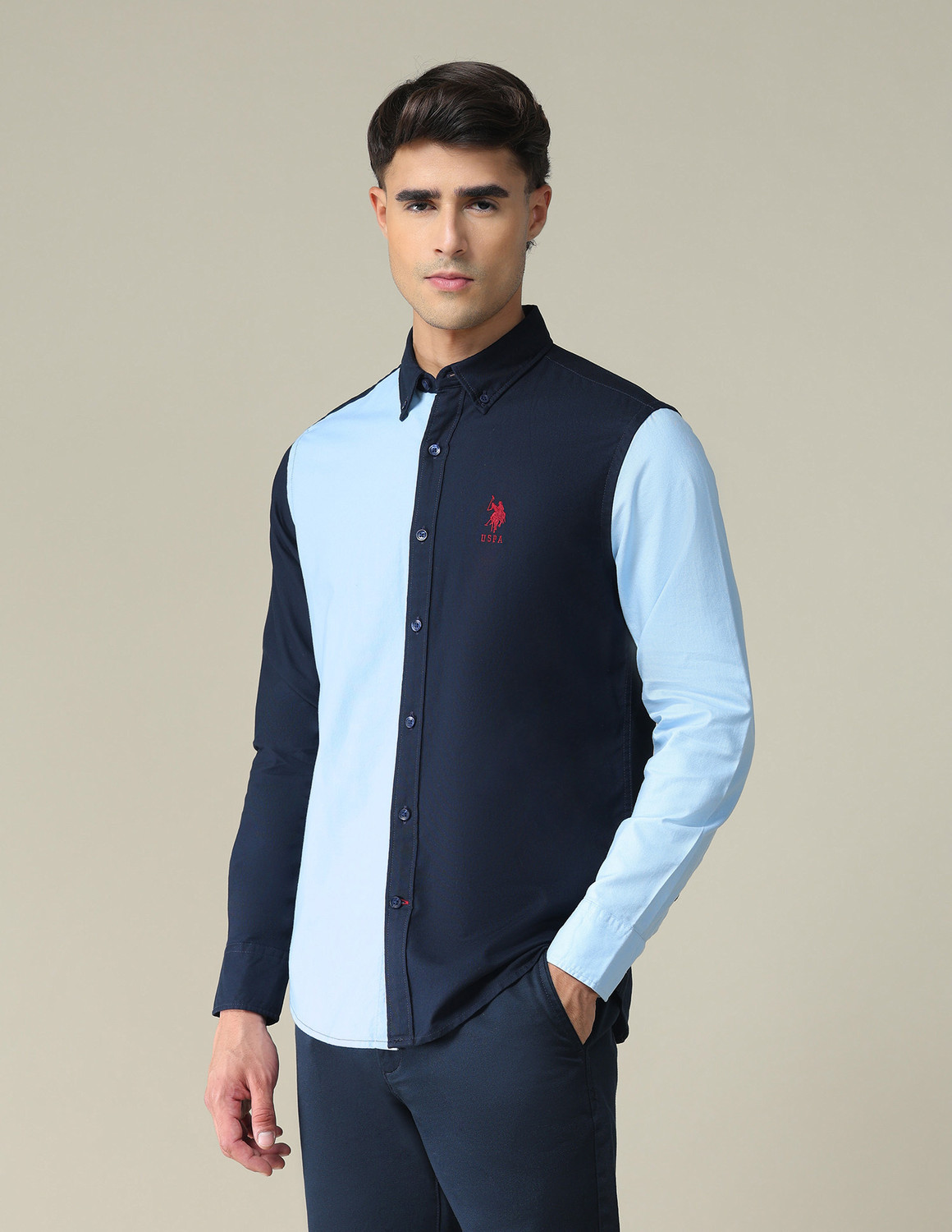 Image of U.S. POLO ASSN. Men Slim Fit Color Block Spread Collar Casual Shirt