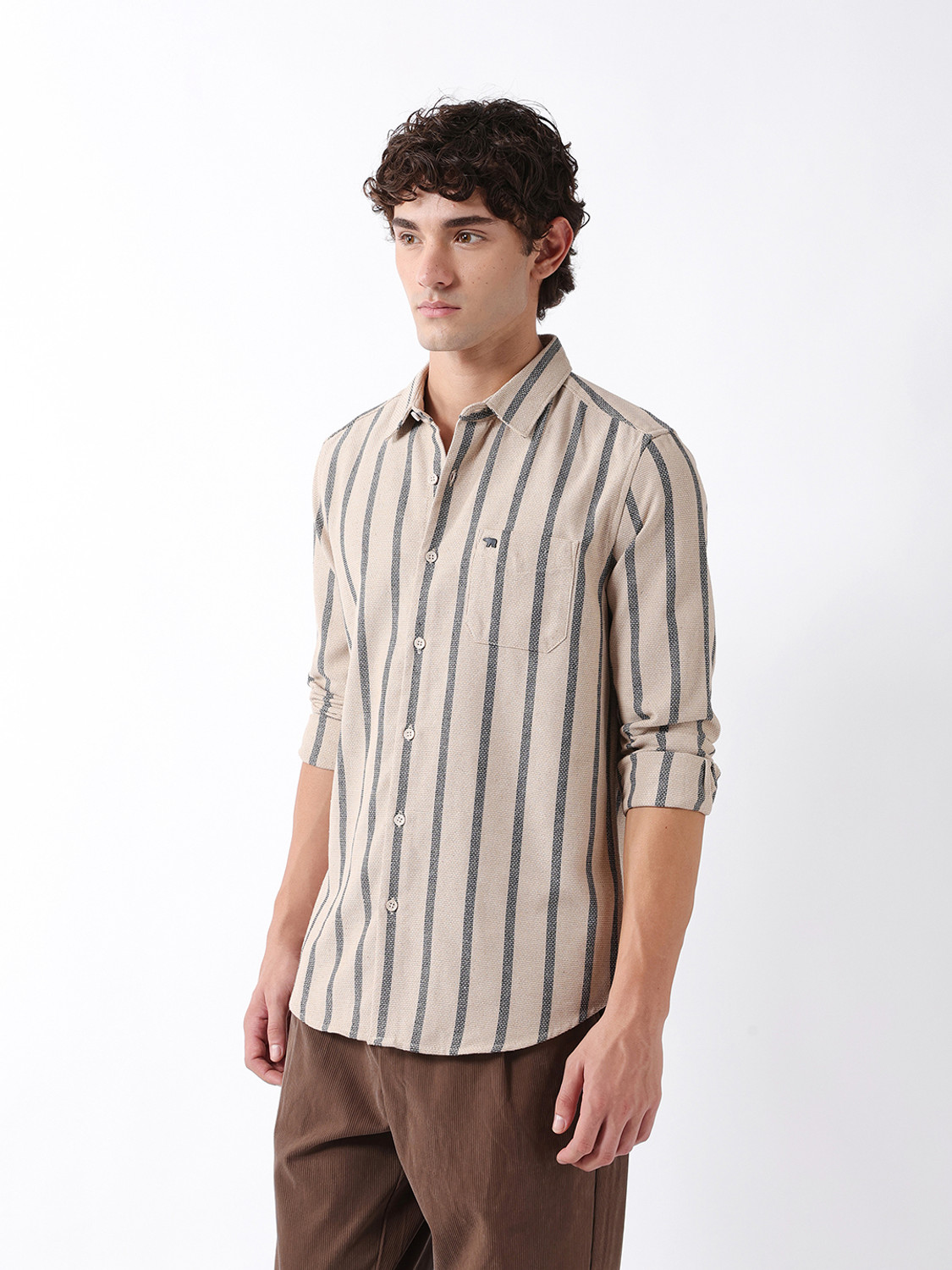 Image of THE BEAR HOUSE Men Striped Casual Beige Shirt