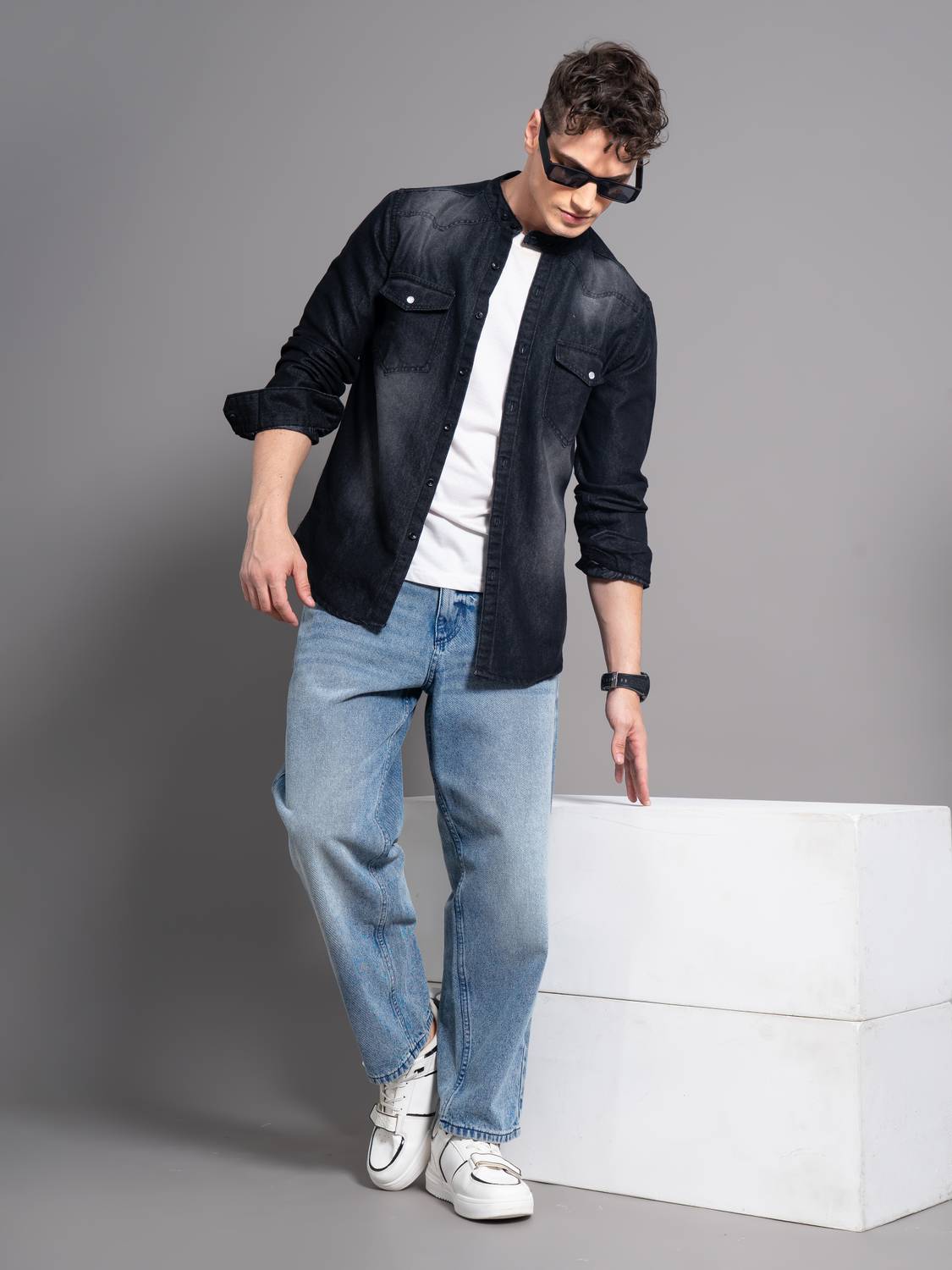 GRANDSTITCH Men Washed Casual Black Shirt - Image 1