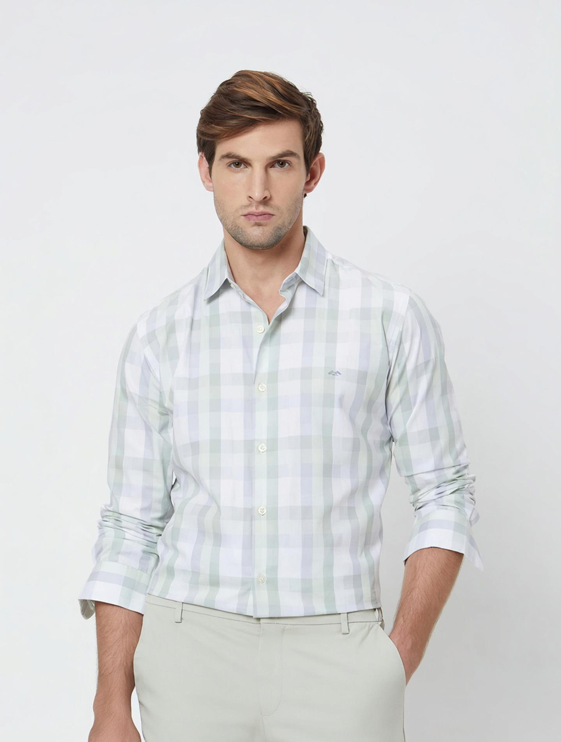 Image of MUFTI Men Checkered Casual Grey, Light Green, White Shirt