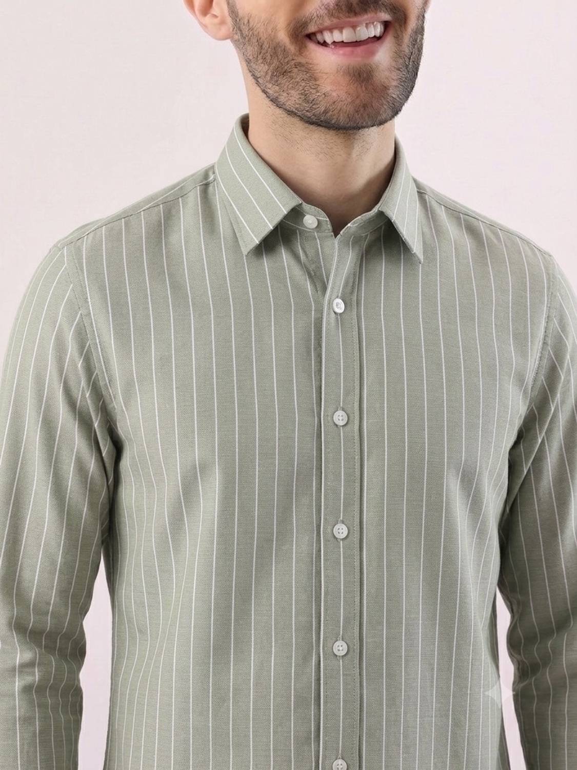 Roadster Men Light Green Striped Shirt - Image 4