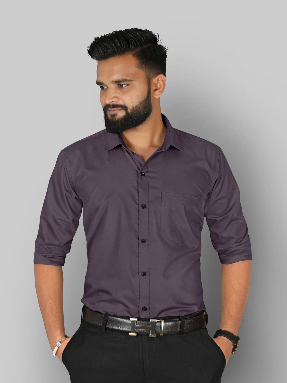 Image of FIBERMILL Men Solid Formal Purple Shirt