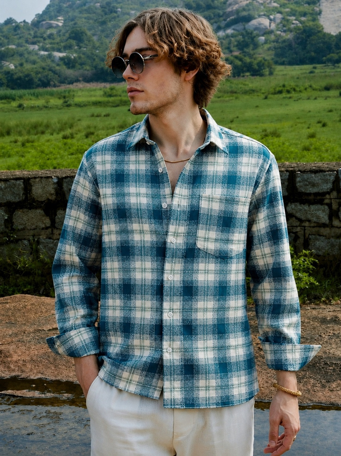 METRONAUT Men Checkered Casual Blue Shirt