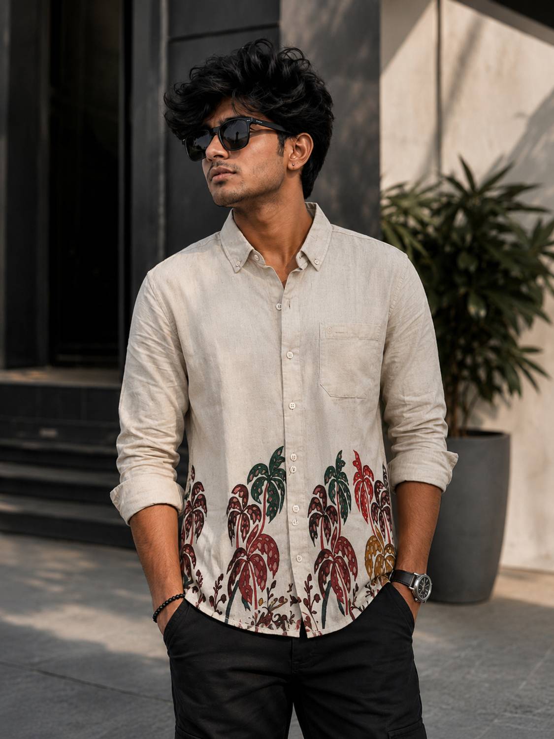 gajoni Men Beige, Blue Printed Casual Shirt - Image 1
