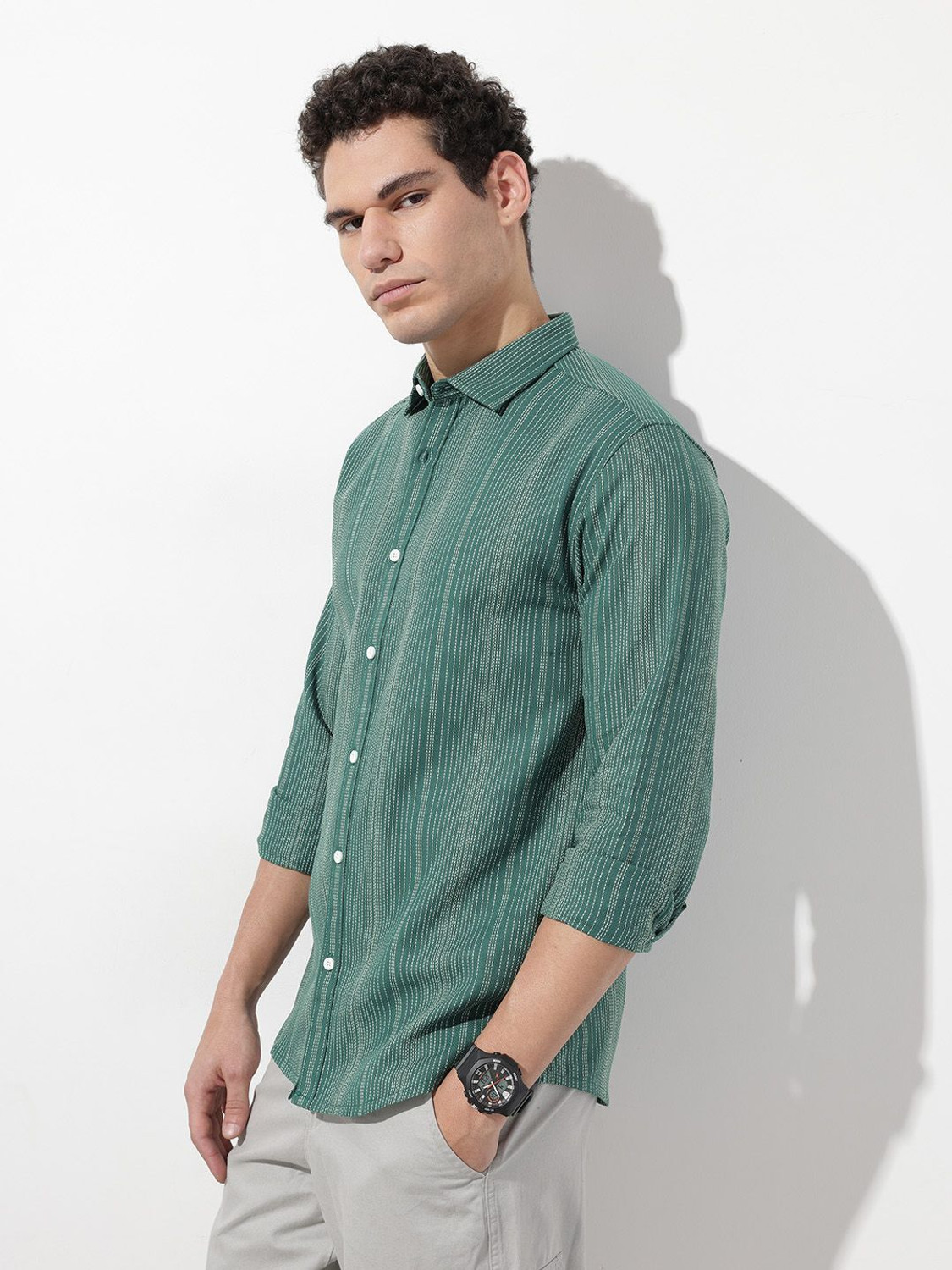 Image of Roadster Men Striped Casual Green Shirt