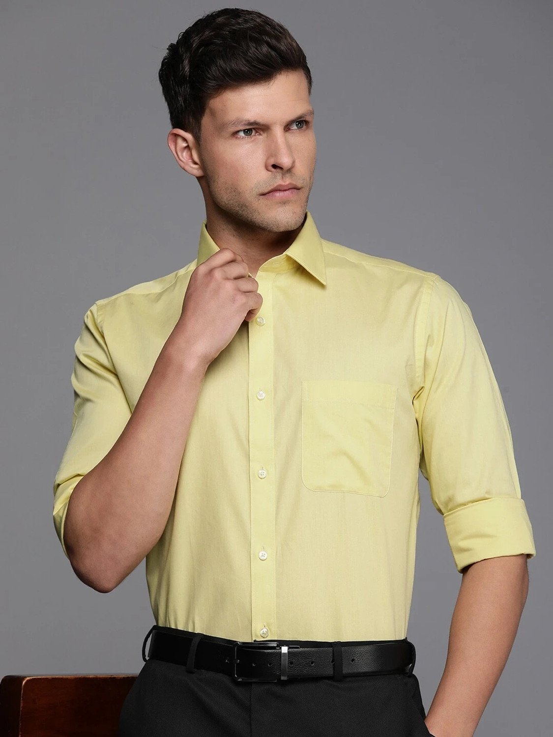 Image of Raymond Men Solid Formal Yellow Shirt
