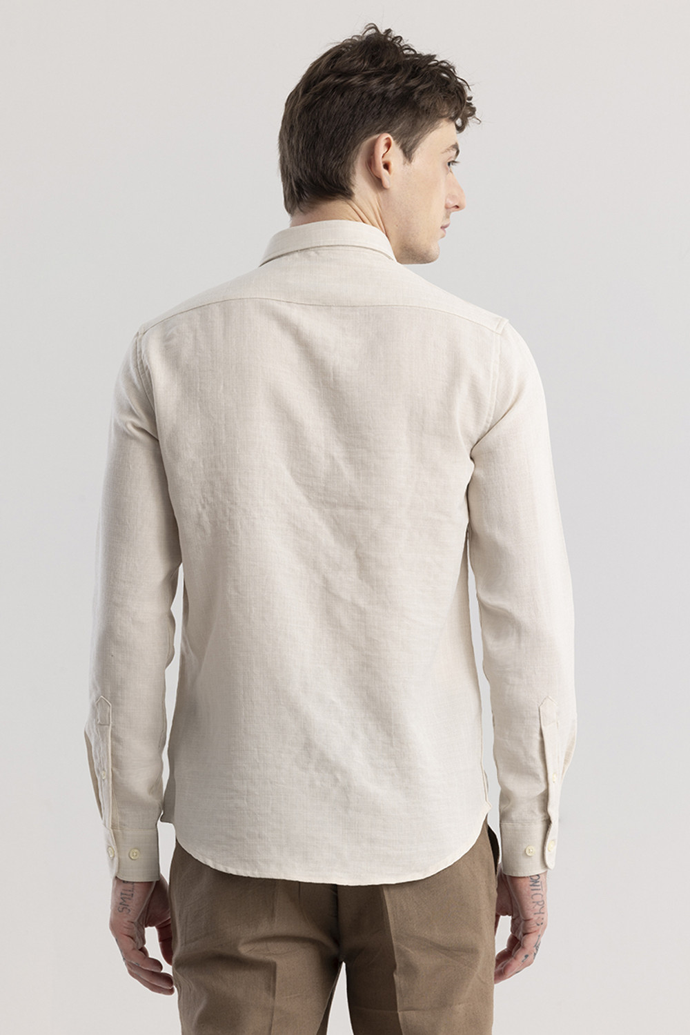 Image of Snitch Men Solid Casual Beige Shirt