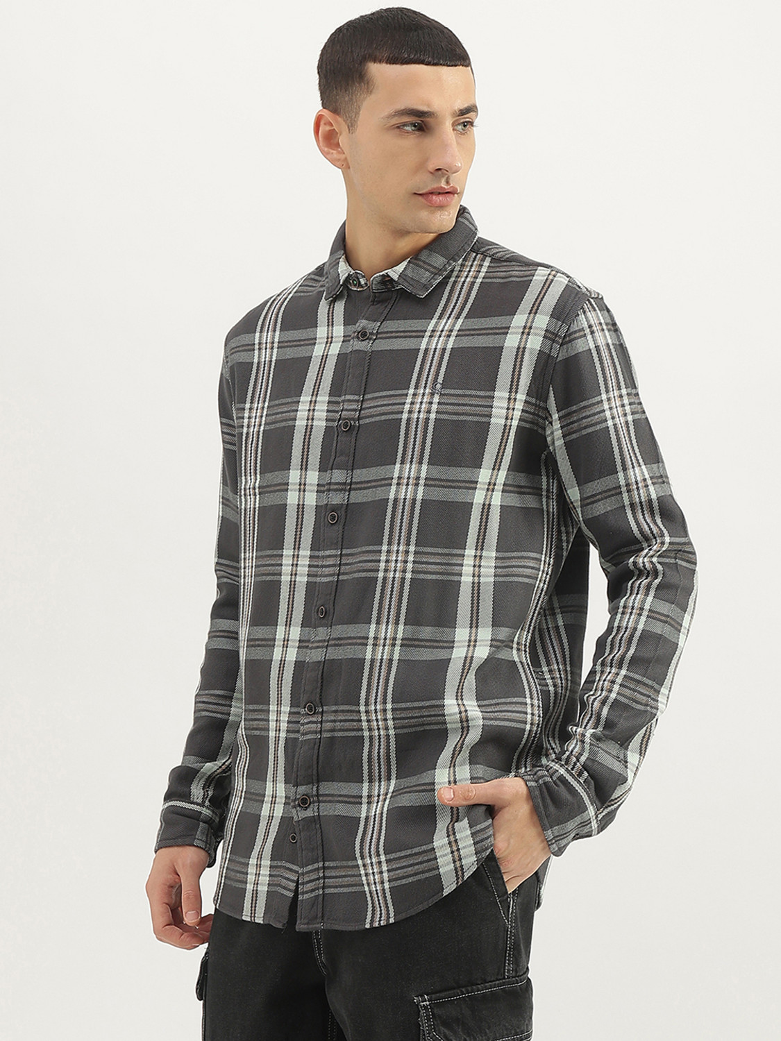 Image of United Colors of Benetton Men Checkered Casual Grey Shirt