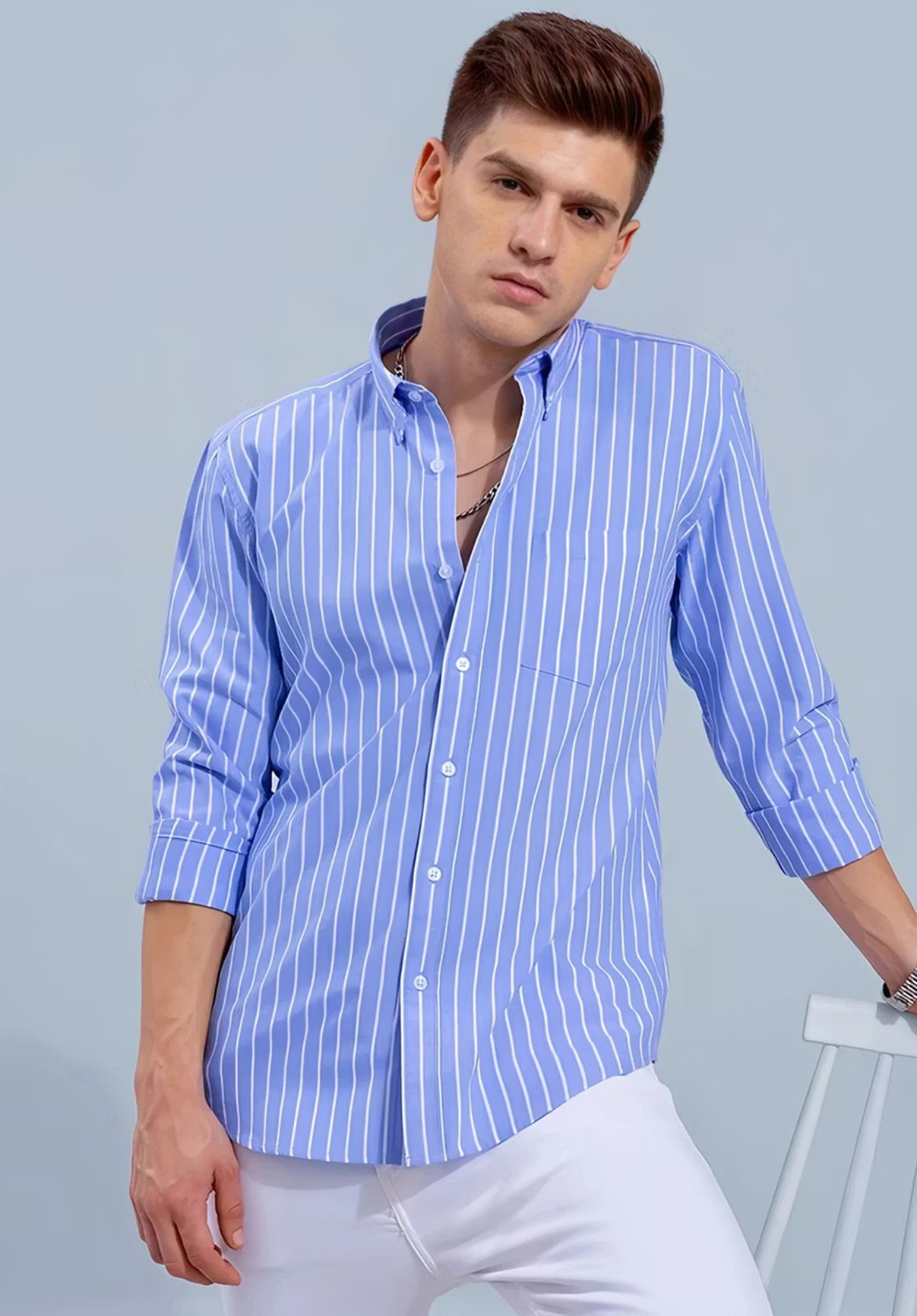 Image of METRONAUT Men Striped Casual Dark Blue Shirt