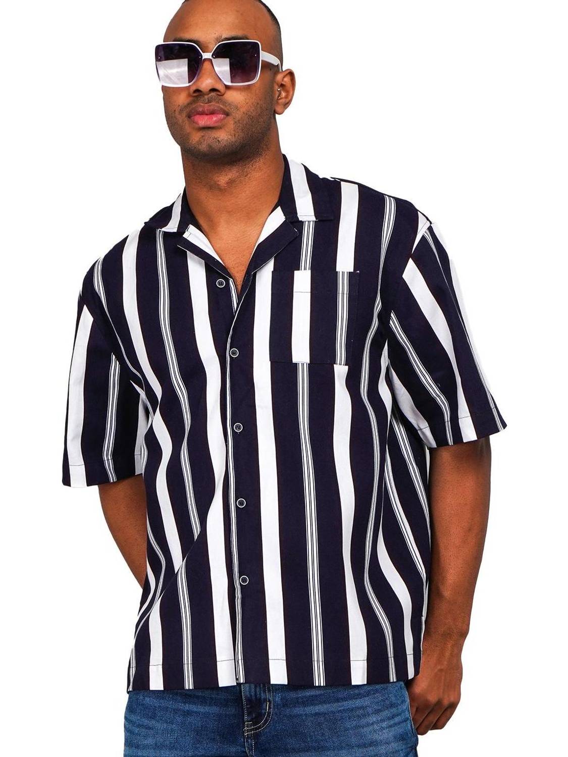 Absolute Defense Men Striped Casual Blue, White Shirt