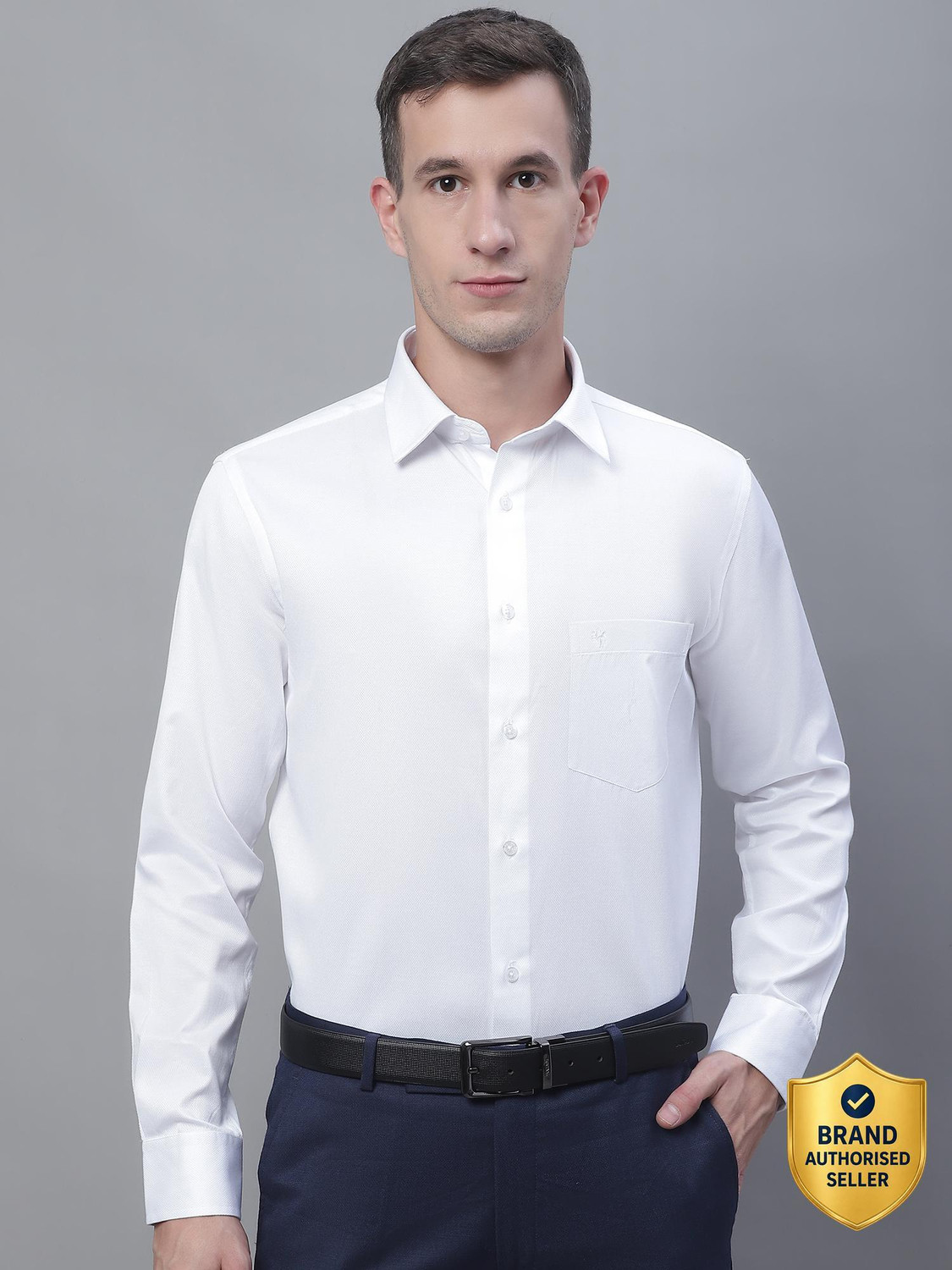 Image of CANTABIL Men Self Design Formal White Shirt