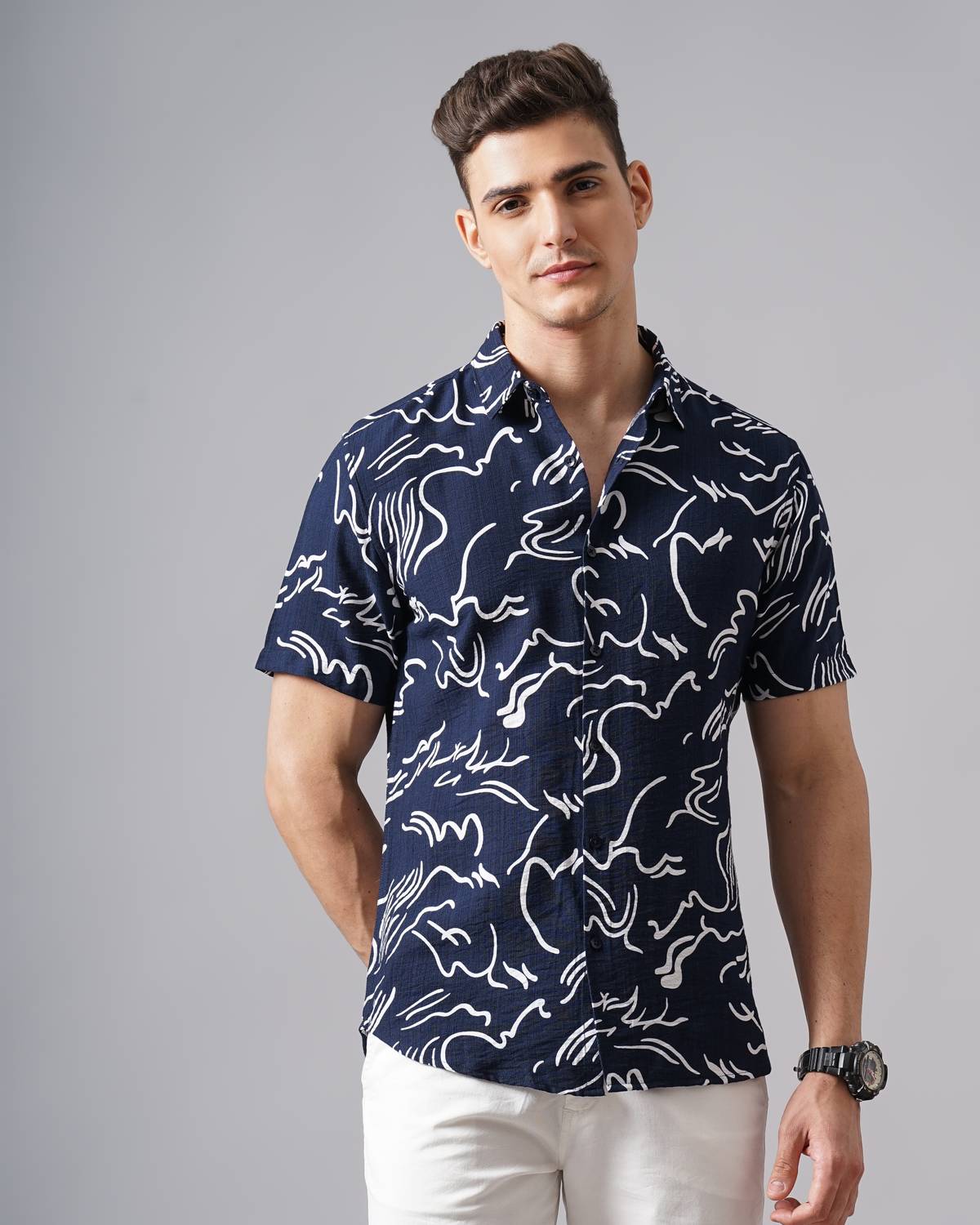 British Club Men Printed Casual Dark Blue, White Shirt