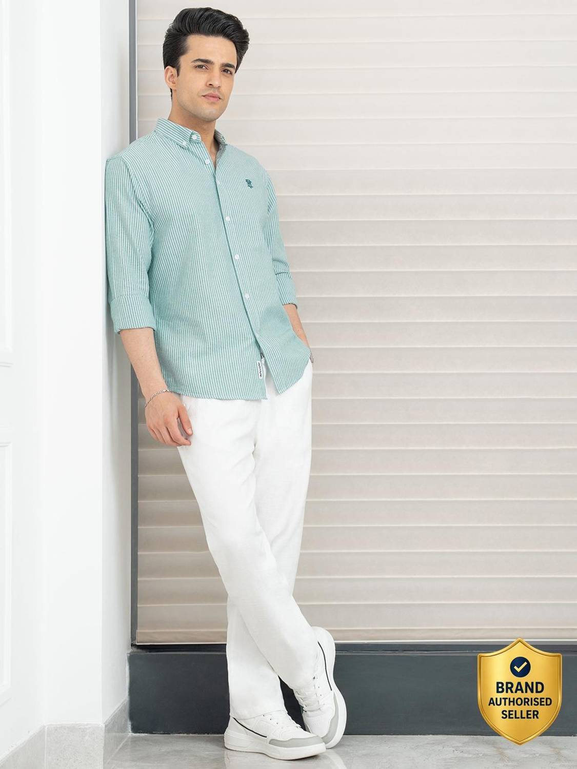 RED TAPE Men Striped Casual Green Shirt - Image 1