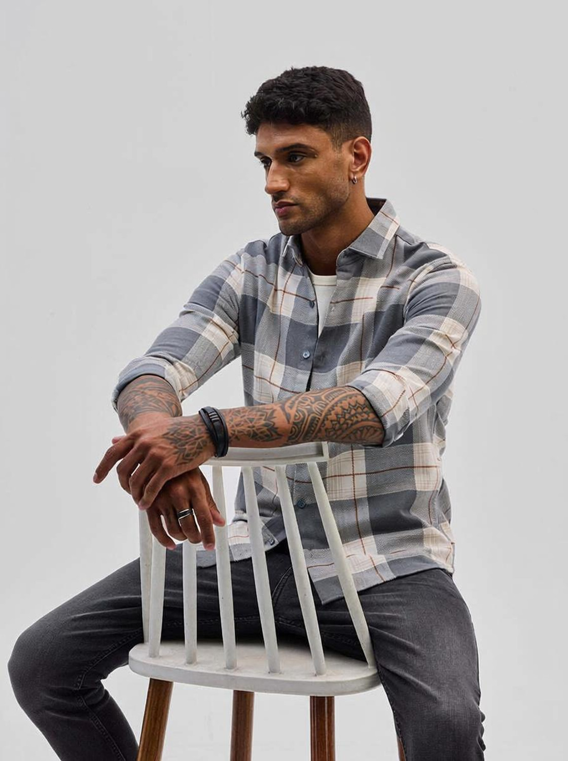 Image of Snitch Men Checkered Casual Grey Shirt