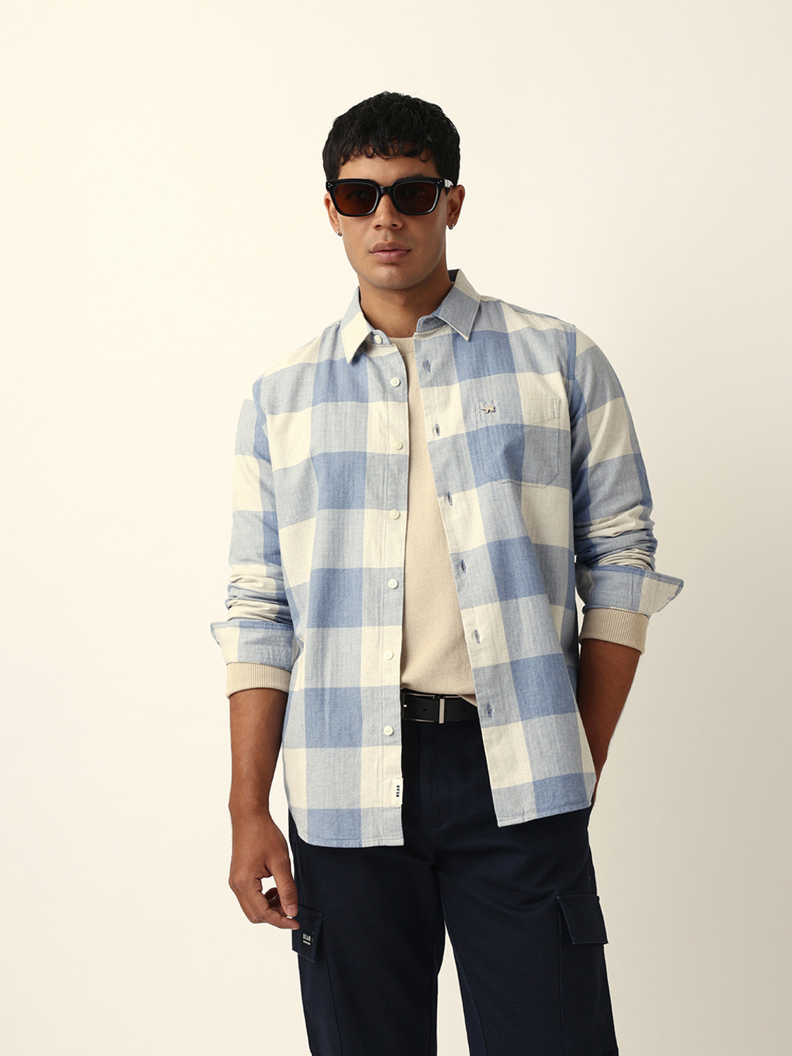 Image of THE BEAR HOUSE Men Checkered Casual Blue Shirt