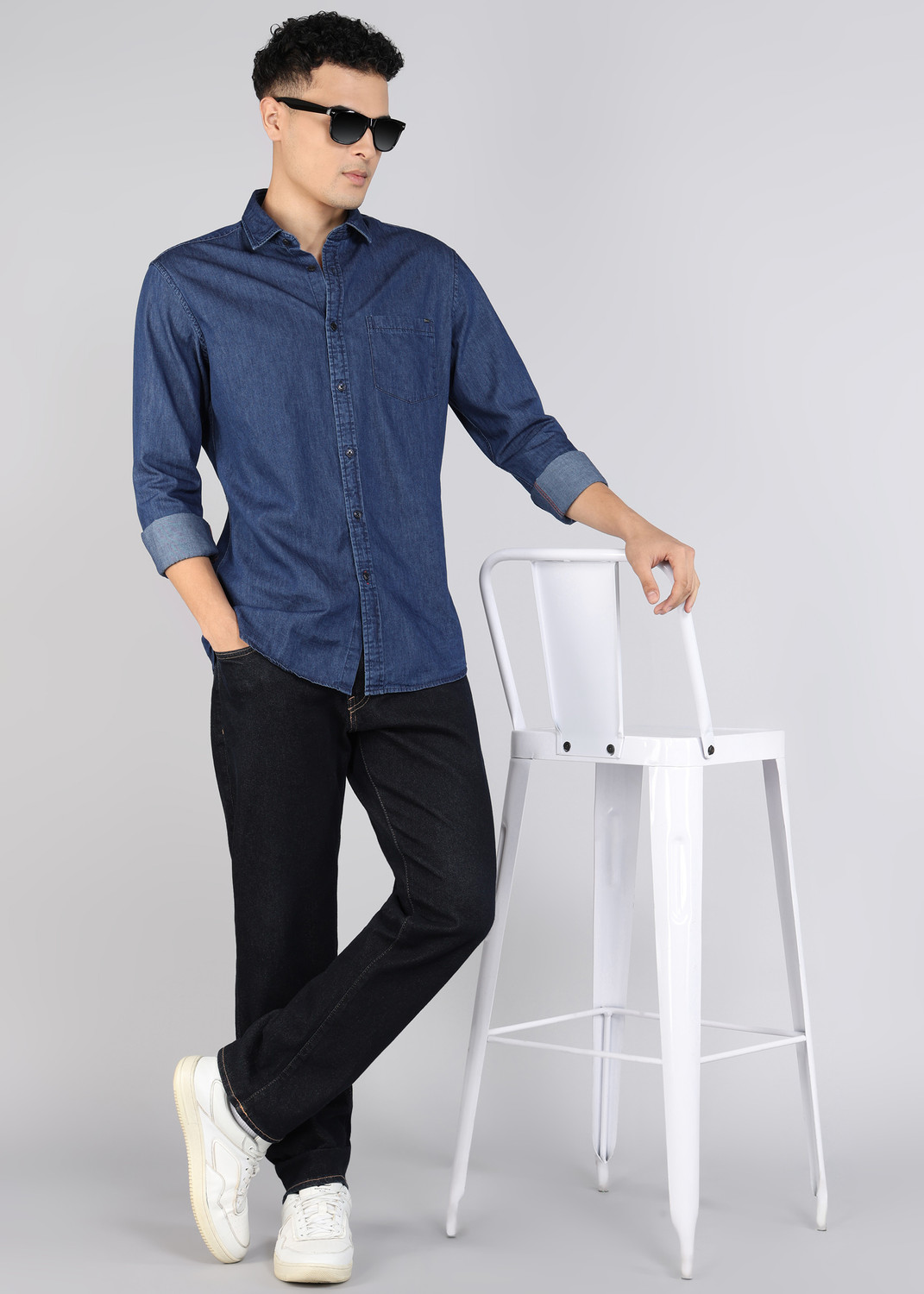 Image of KILLER Men Solid Casual Dark Blue Shirt