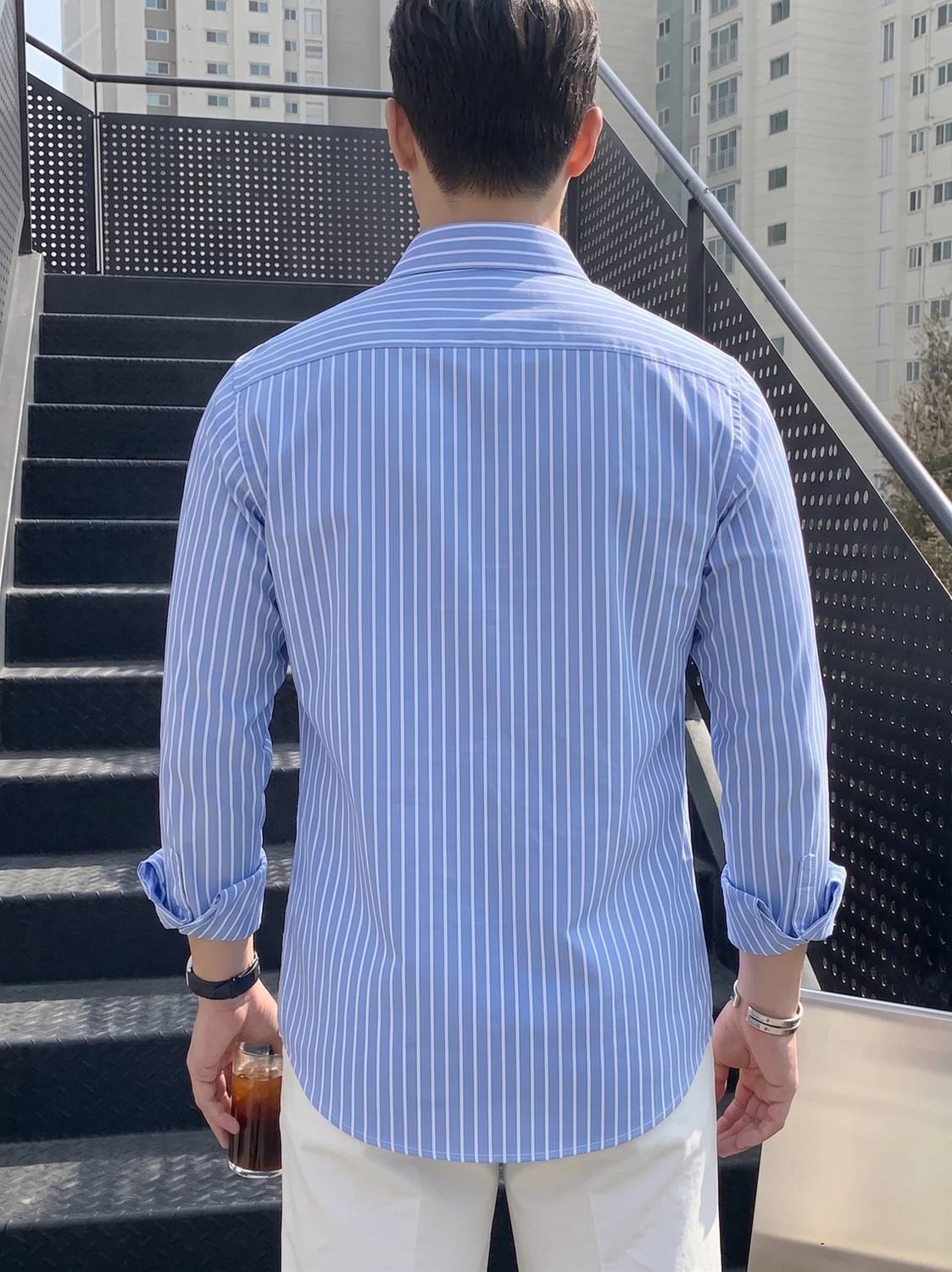 DMSF Men Striped Casual Blue, White Shirt - Image 2
