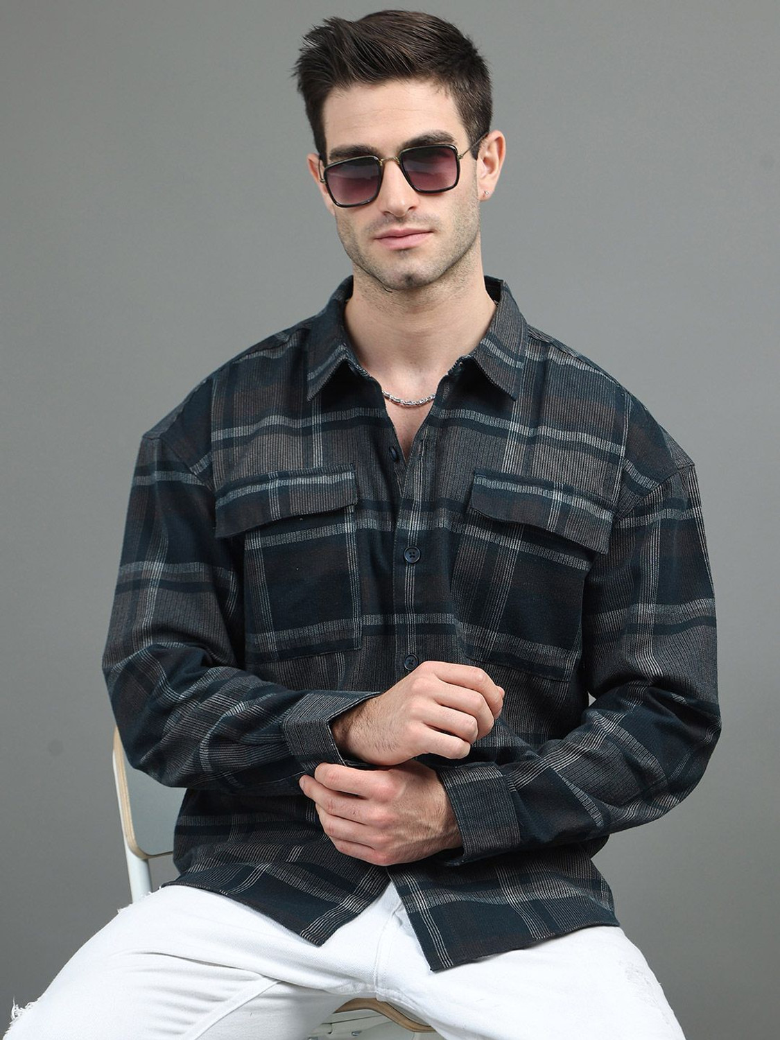 Image of HERE&NOW Men Checkered Casual Blue Shirt