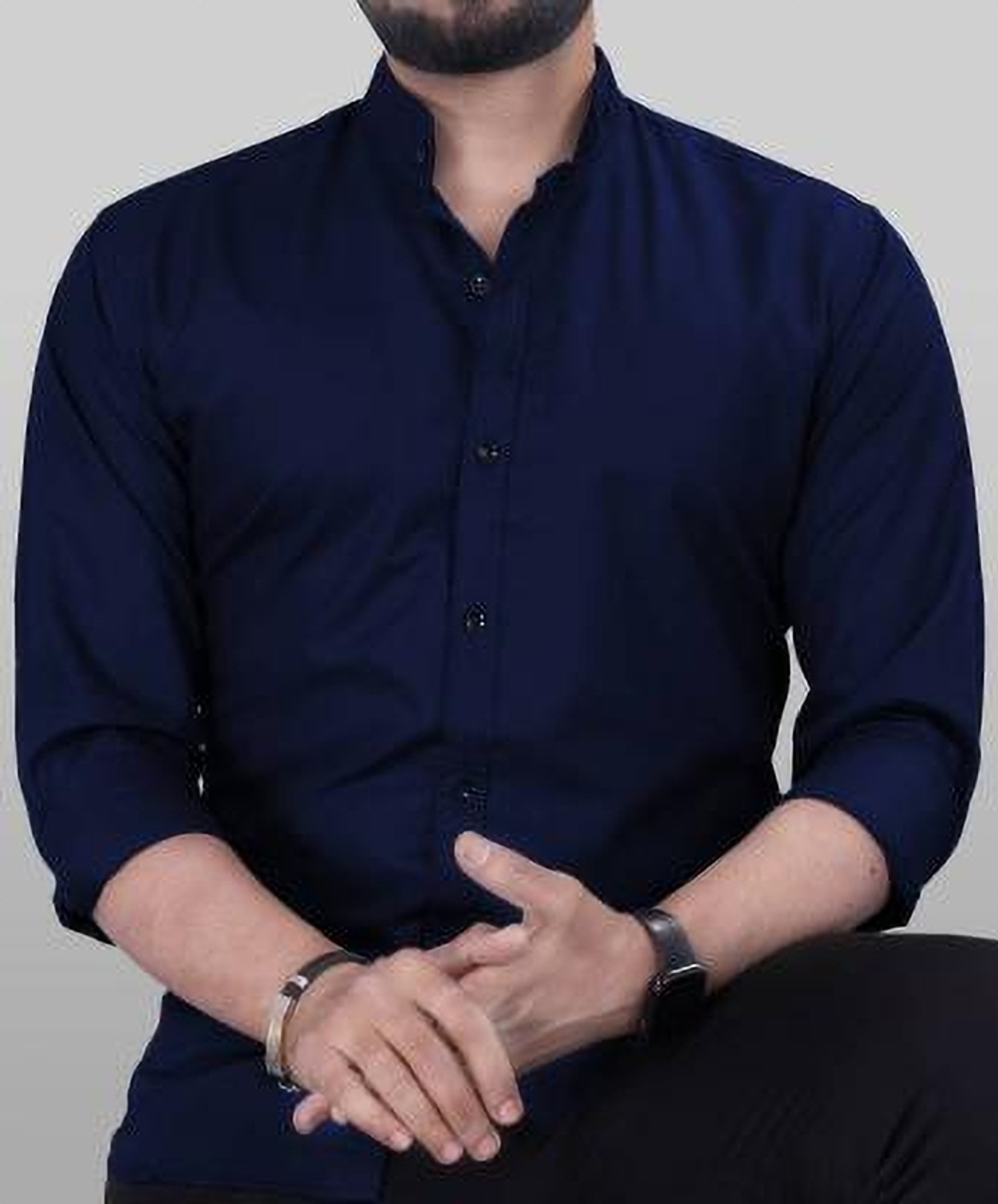 Image of ANAND Men Solid Casual Dark Blue Shirt