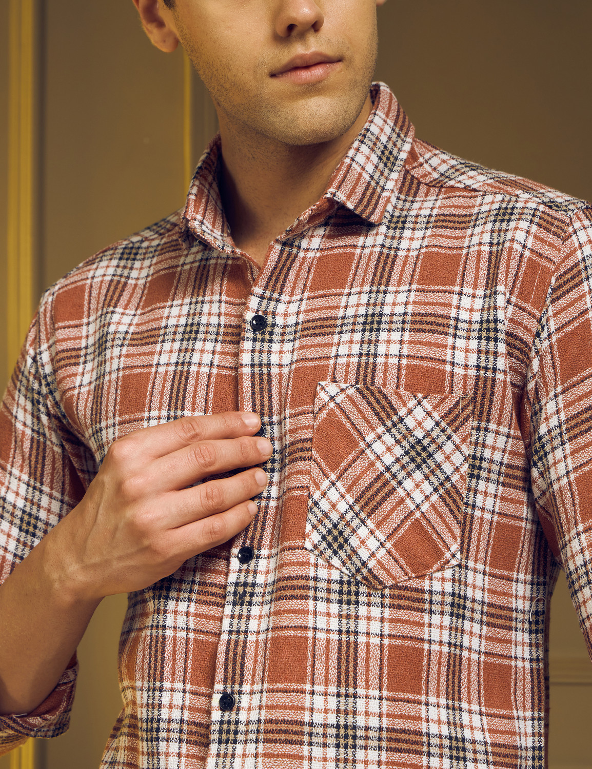 Image of WOXEN Men Checkered Casual Orange Shirt