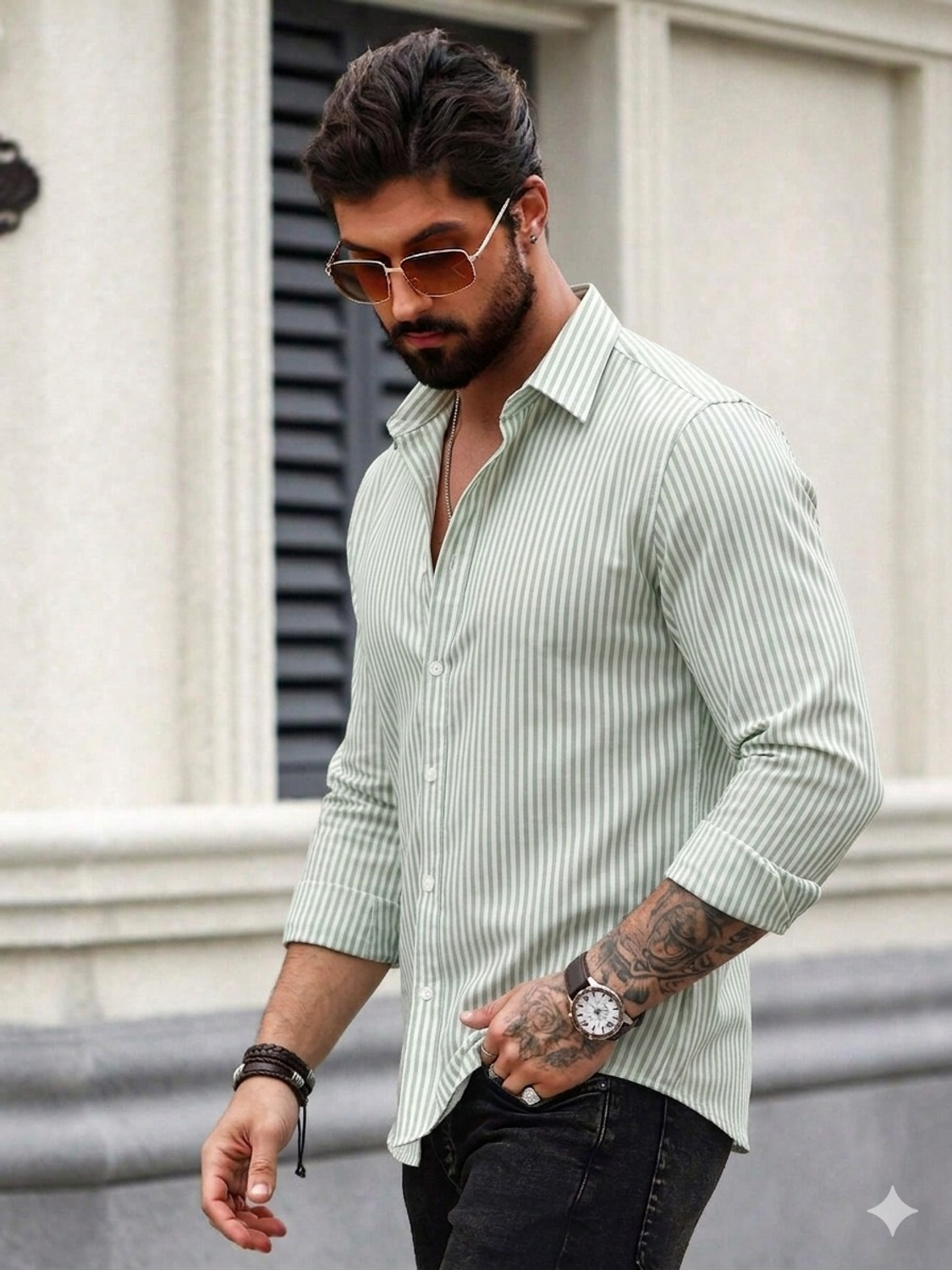 Image of METRONAUT Men Striped Casual Light Green Shirt