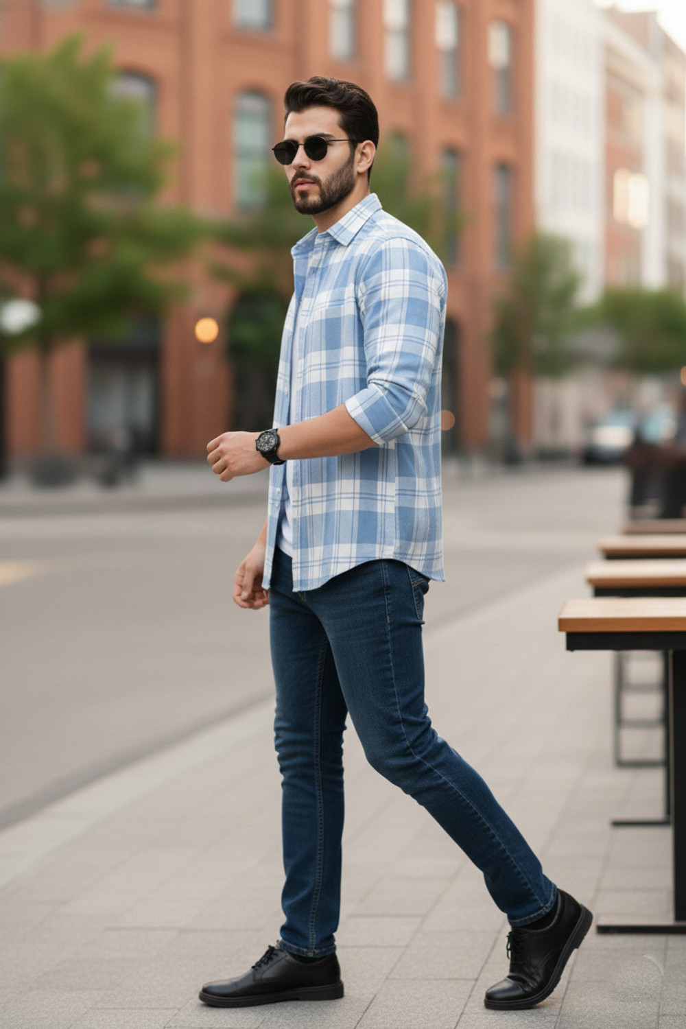 Image of S-LINE Men Checkered Casual Light Blue Shirt